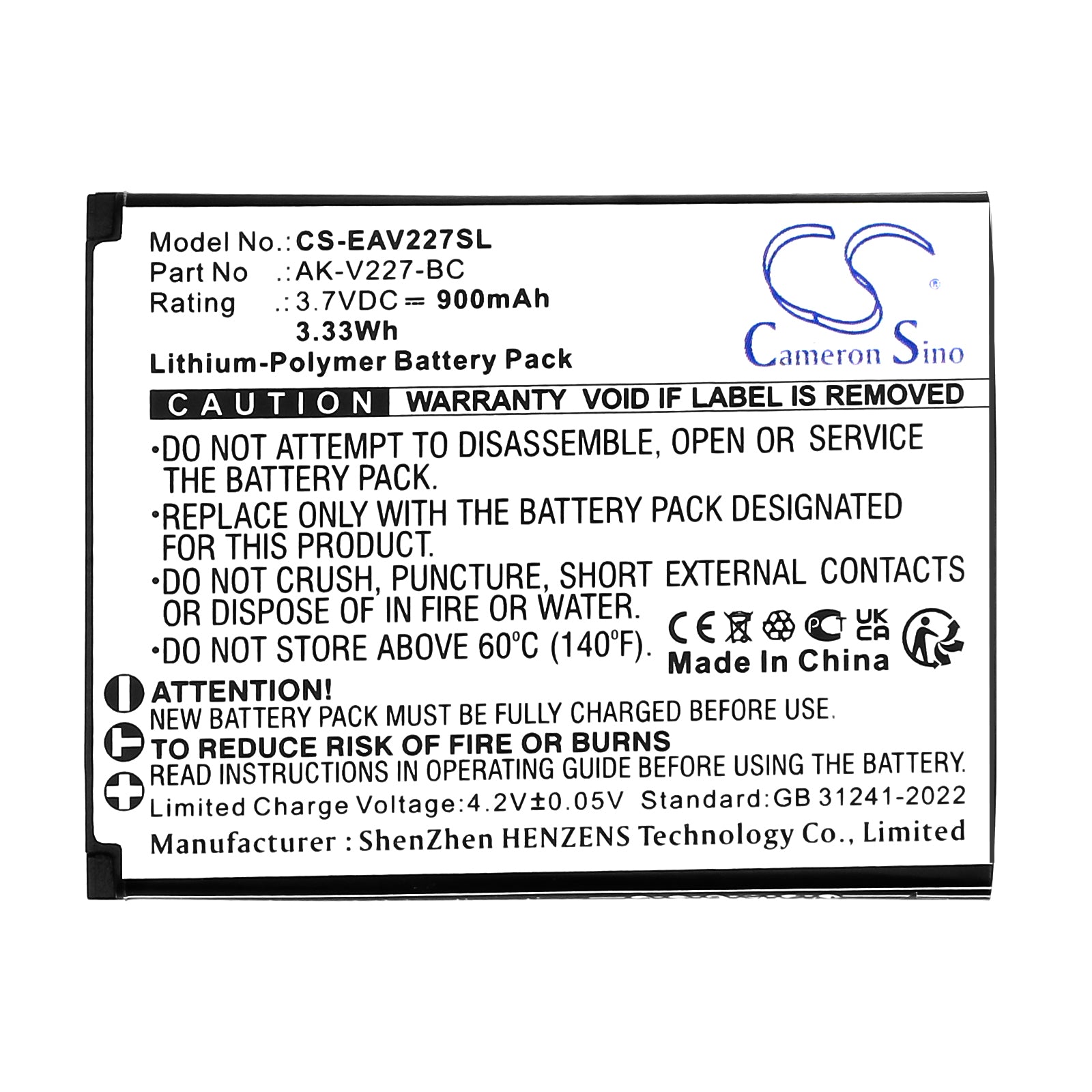 3.7V, Li-Polymer, 900mAh, Battery fits Emporia SIMPLICITYglam, V227, 3.33Wh Mobile, SmartPhone Cameron Sino Technology Limited
