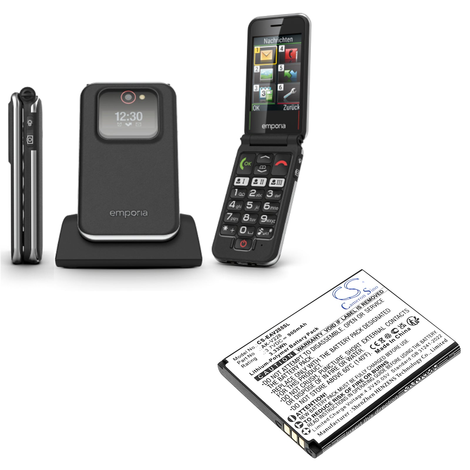 3.7V, Li-Polymer, 900mAh, Battery fits Emporia JOY LTE, V228LTE_001, 3.33Wh Mobile, SmartPhone Cameron Sino Technology Limited