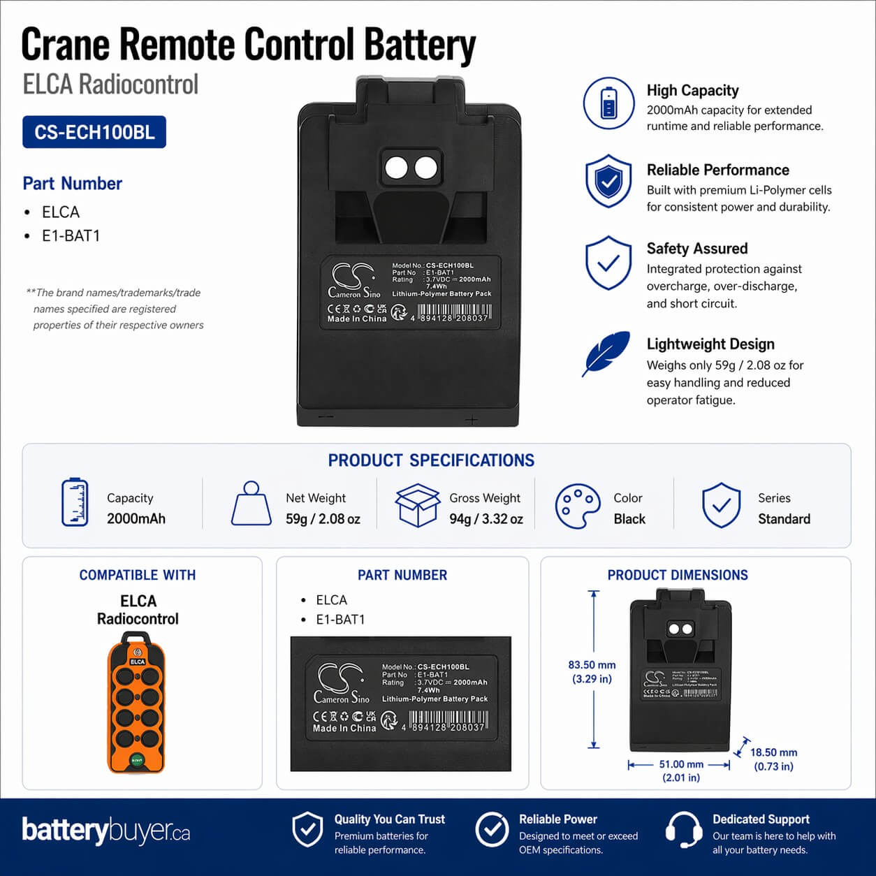 ELCA Radiocontrol Battery E1-BAT1 Replacement – 2000mAh CS-ECH100BL (Black) Crane Remote Control Cameron Sino Technology Limited
