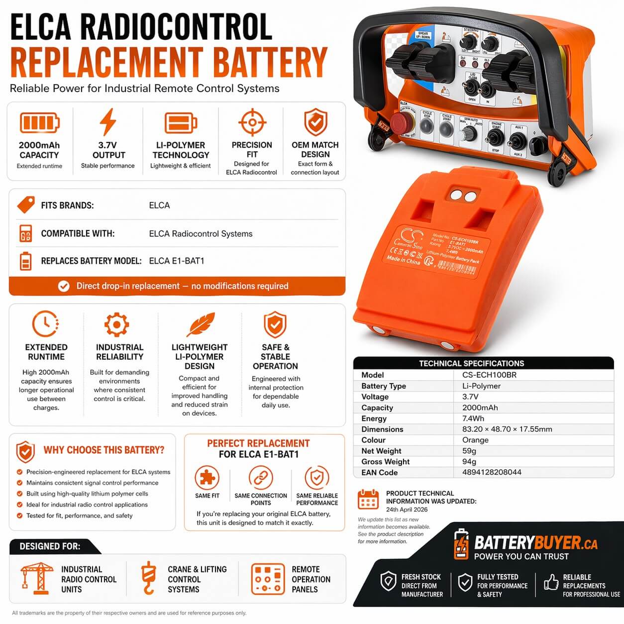 3.7V, Li-Polymer, 2000mAh, Orange Battery fits ELCA Radiocontrol, 7.4Wh Crane Remote Control Cameron Sino Technology Limited