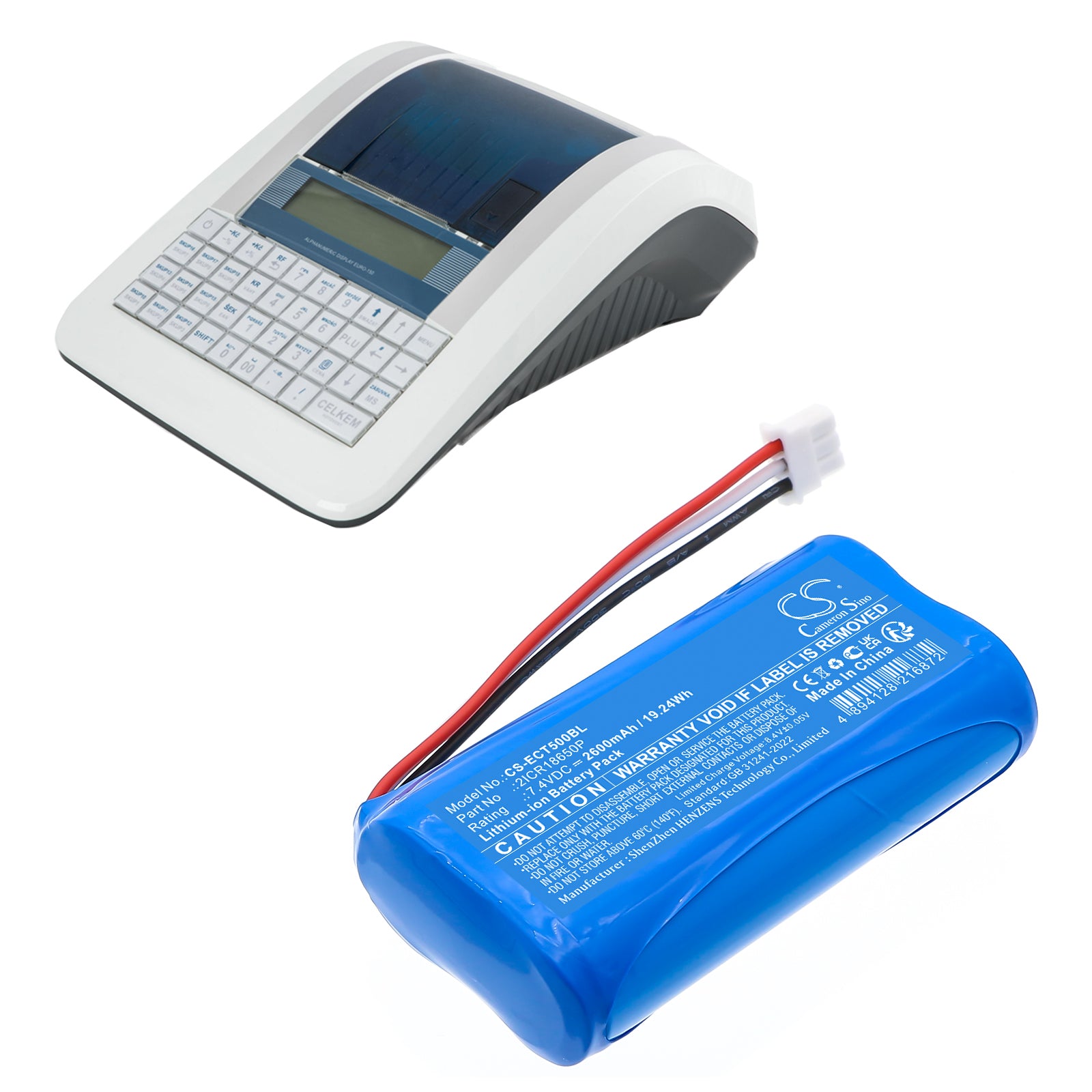 7.4V, Li-ion, 2600mAh, Battery fits Elcom Euro-150TEi, Euro-50TEi, 19.24Wh Cash Register Cameron Sino Technology Limited