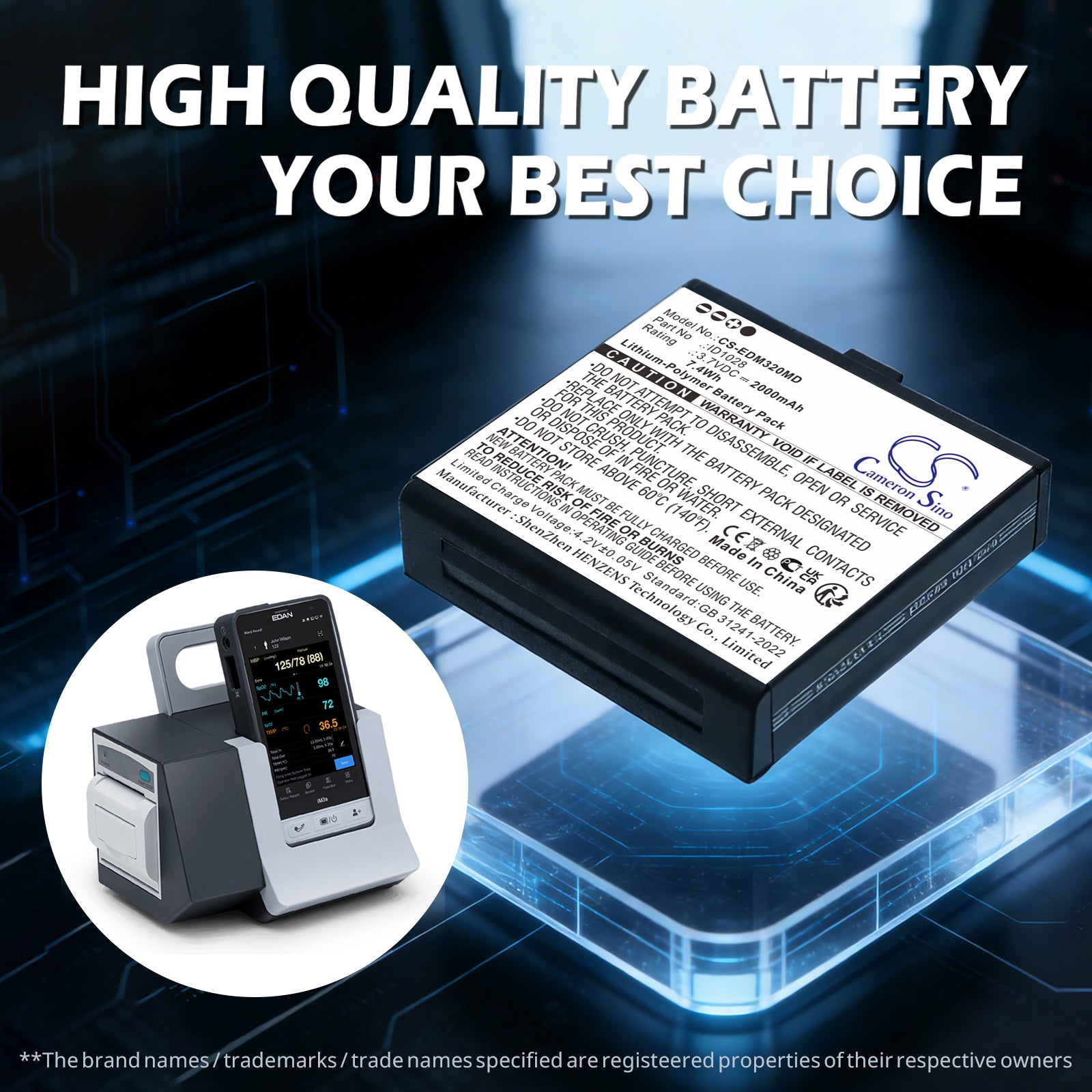 3.7V, Li-Polymer, 2000mAh, Battery fits Edan iM3s Monitor, 7.4Wh Medical Cameron Sino Technology Limited