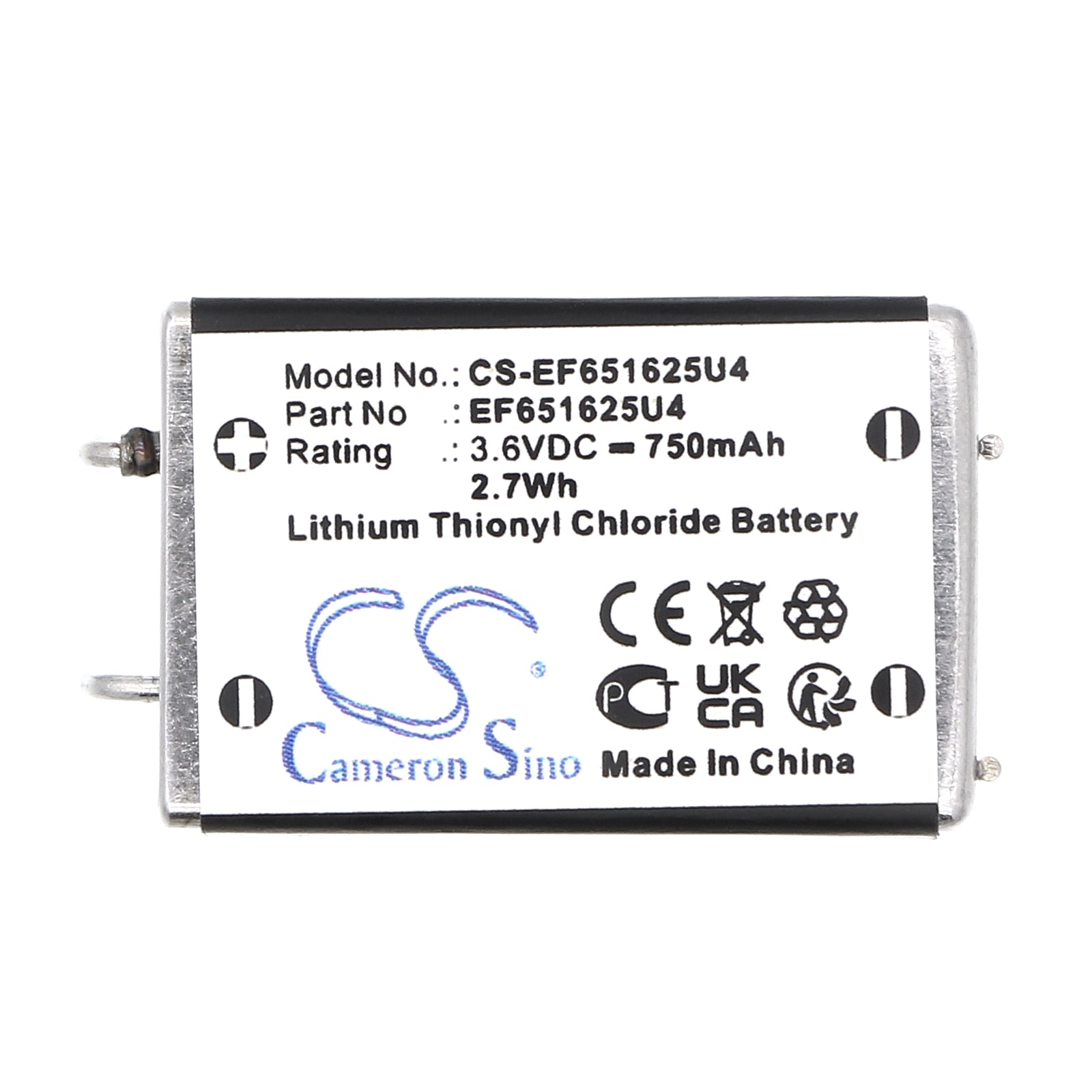 3.6V, Li-SOCl2, 750mAh, Battery fits EF651625, 2.7Wh EF651625 Cameron Sino Technology Limited