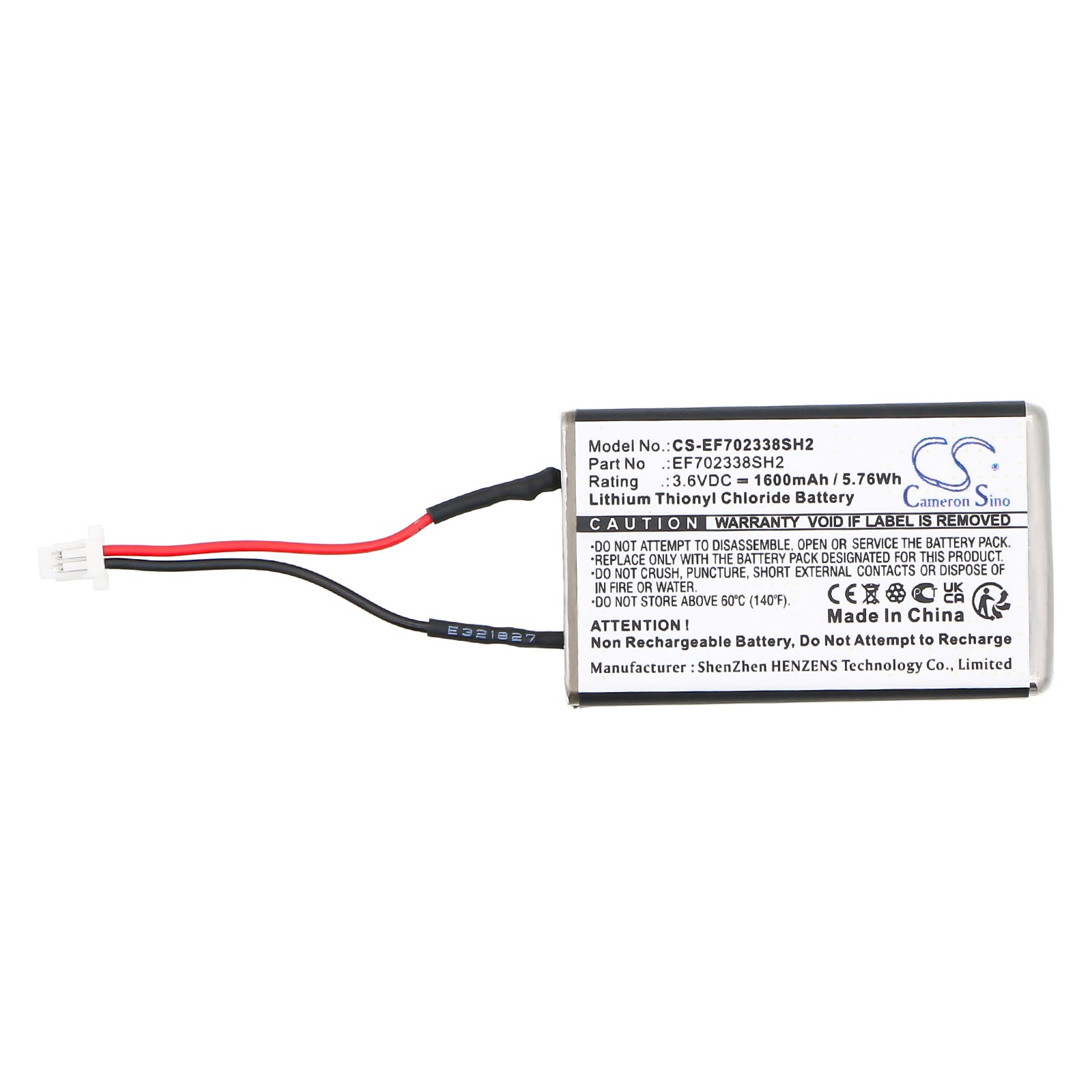 3.6V, Li-SOCl2, 1600mAh, Battery fits EF702338, 5.76Wh EF702338 Cameron Sino Technology Limited