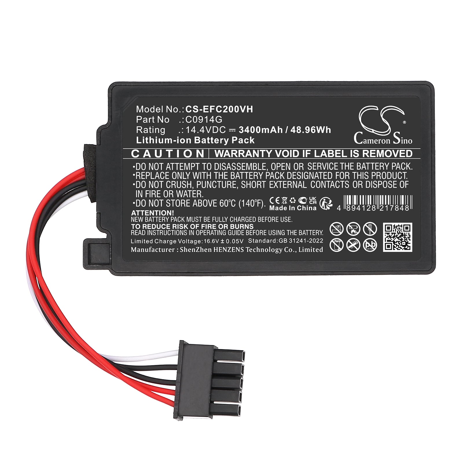 14.4V, Li-ion, 3400mAh, Battery fits Eufy Omni C20, Omni C20 Robot Vacuum, 48.96Wh Vacuum Cameron Sino Technology Limited