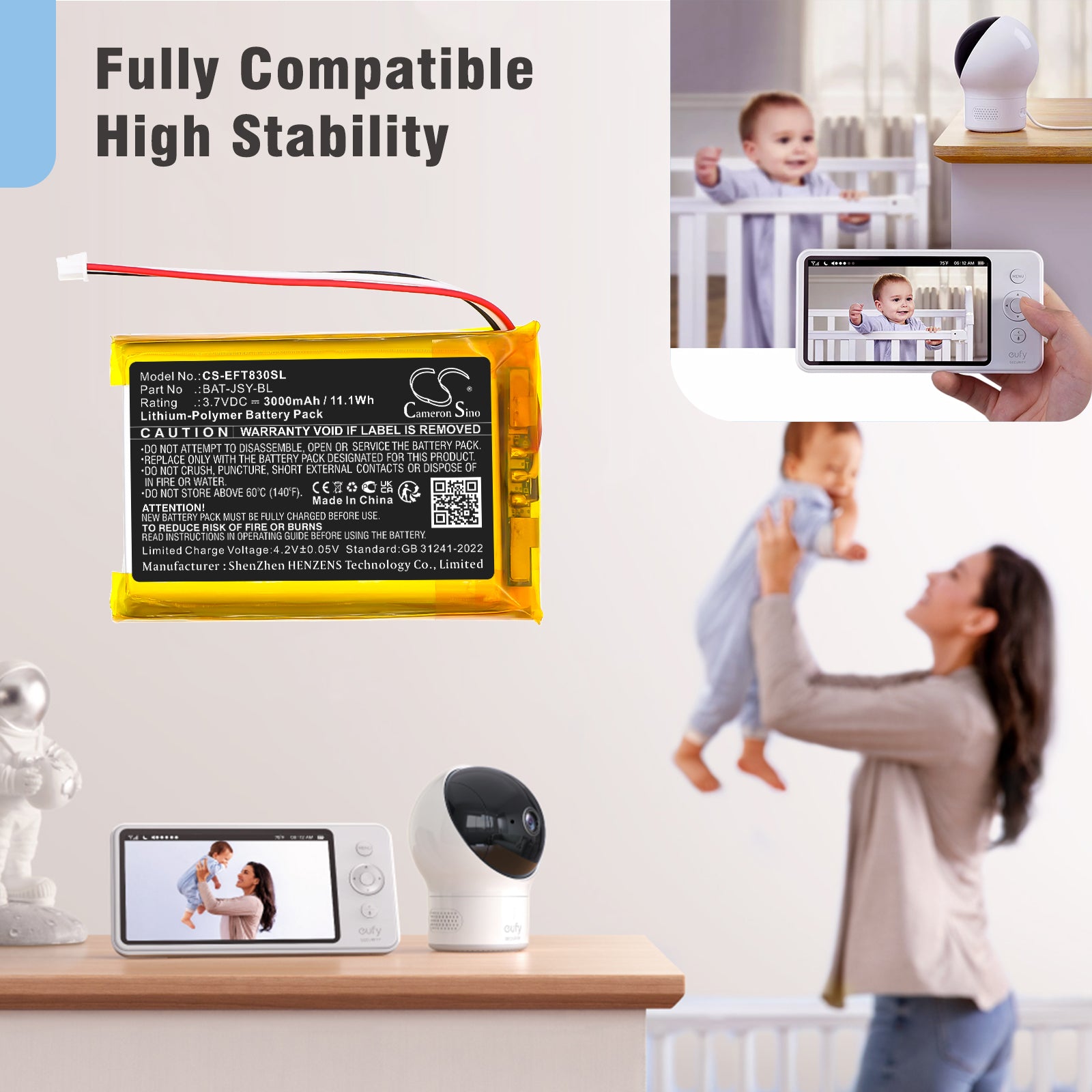 3.7V, Li-Polymer, 3000mAh, Battery fits Eufy SpaceView Baby Monitor E110, T8300-M | HelloBaby HB40, 11.1Wh BabyPhone Cameron Sino Technology Limited