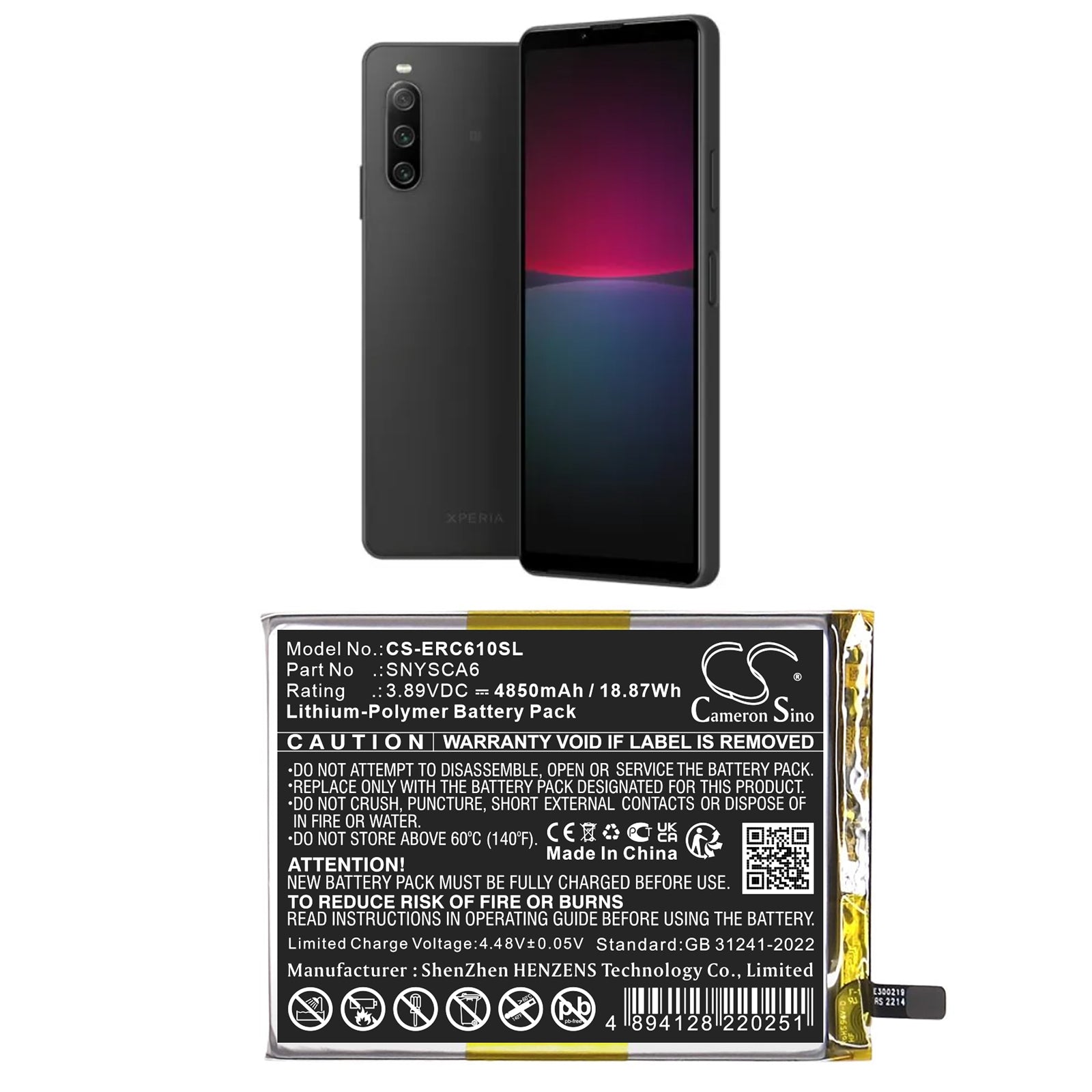 3.89V, Li-Polymer, 4850mAh, Battery fits Sony A202SO, PDX-225, 18.87Wh Mobile, SmartPhone Cameron Sino Technology Limited