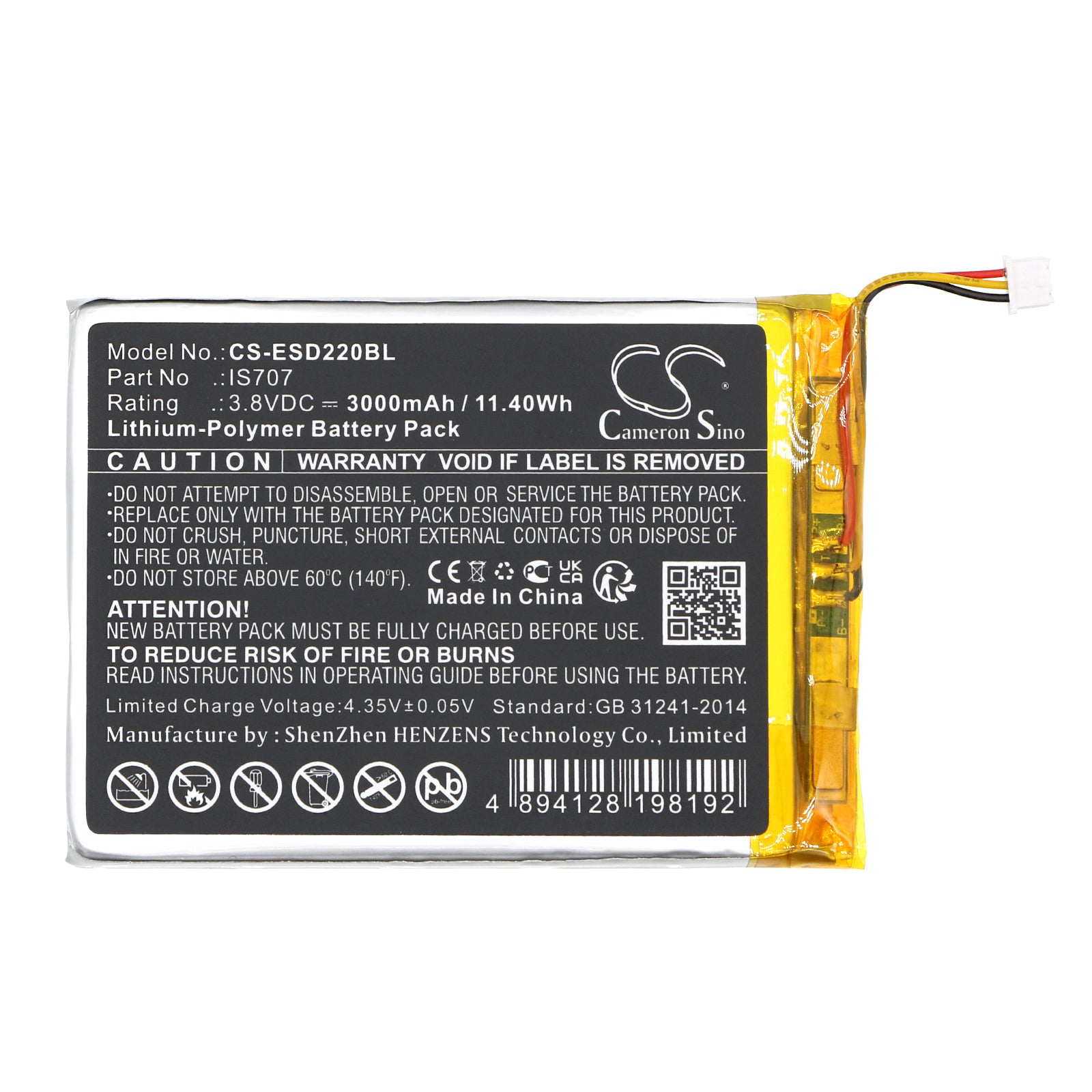 Li-Polymer, Payment Terminal Battery fits Eservice Smart D220, 3.8V, 3000mAh Payment Terminal Cameron Sino Technology Limited