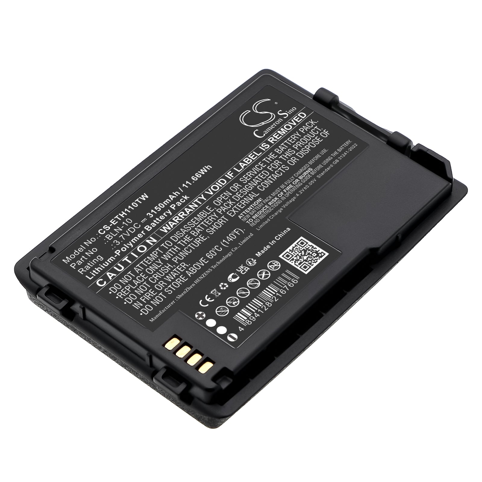 3.7V, Li-Polymer, 3150mAh, Battery fits TETRA Cassidian TH1N | EADS Cassidian TH1N, 11.66Wh Two-Way Radio Cameron Sino Technology Limited