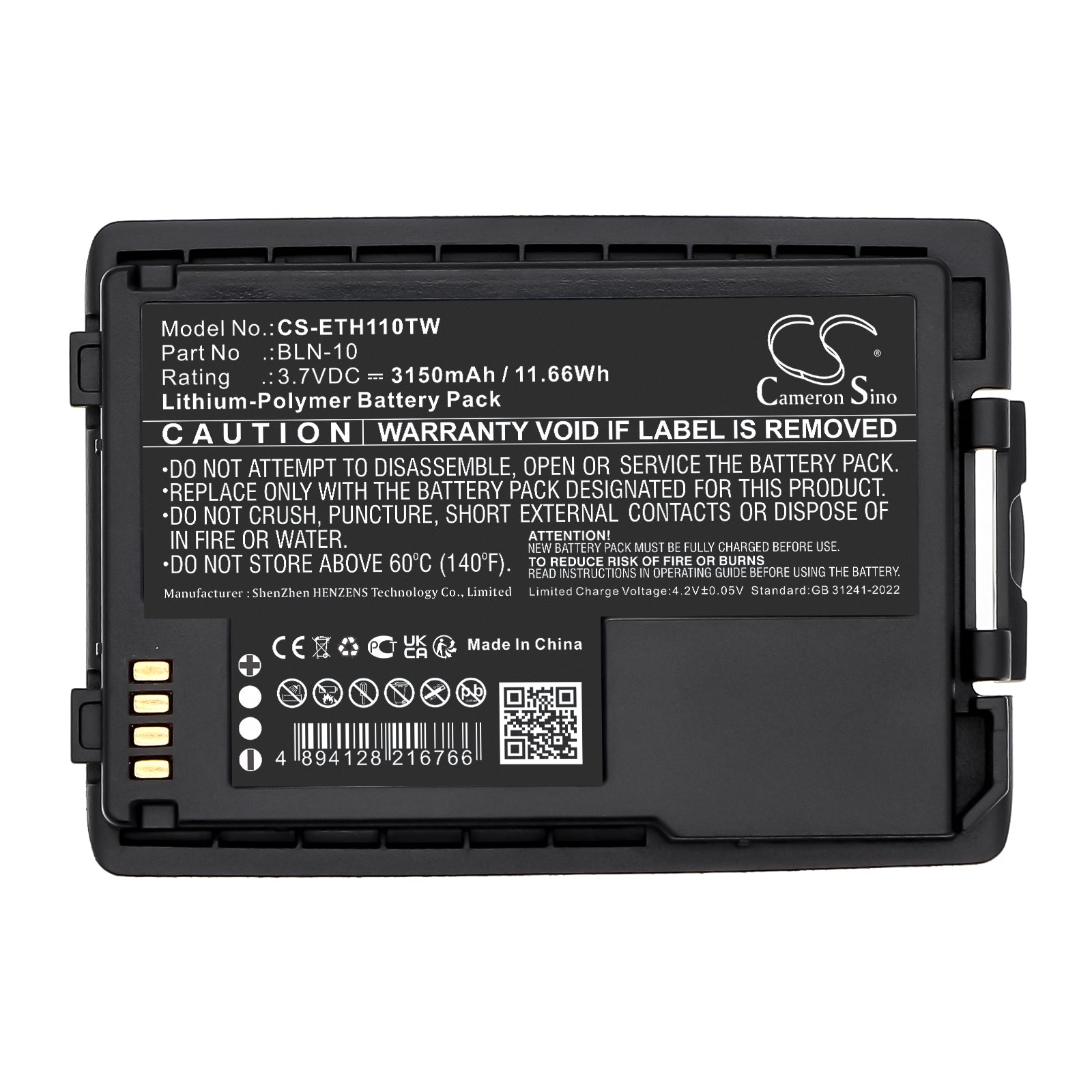 3.7V, Li-Polymer, 3150mAh, Battery fits TETRA Cassidian TH1N | EADS Cassidian TH1N, 11.66Wh Two-Way Radio Cameron Sino Technology Limited