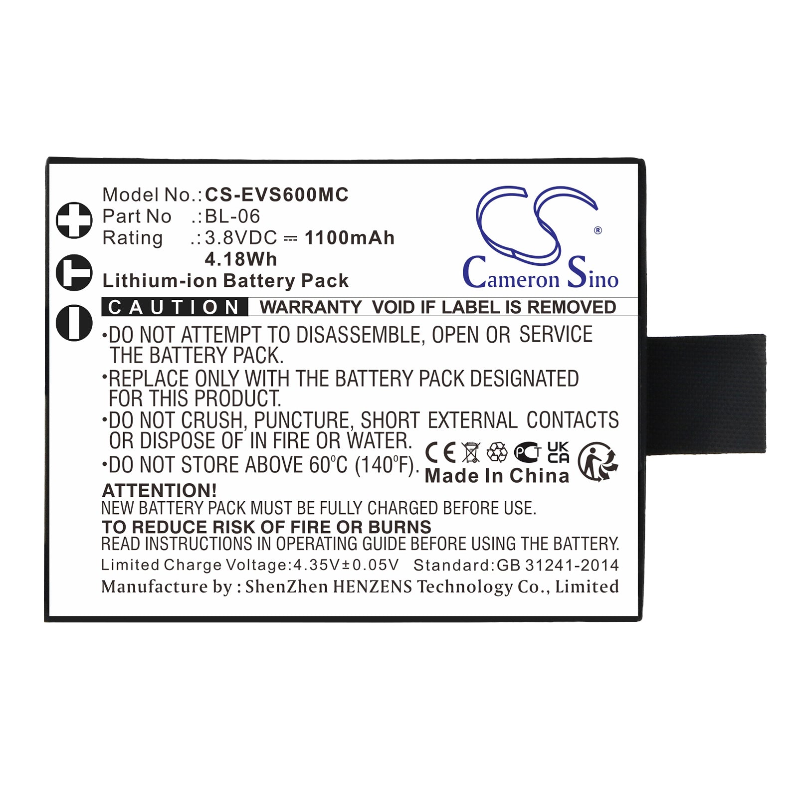Li-ion, Camera Battery fits Ezviz S1c, S2, 3.8V, 1100mAh Camera Cameron Sino Technology Limited