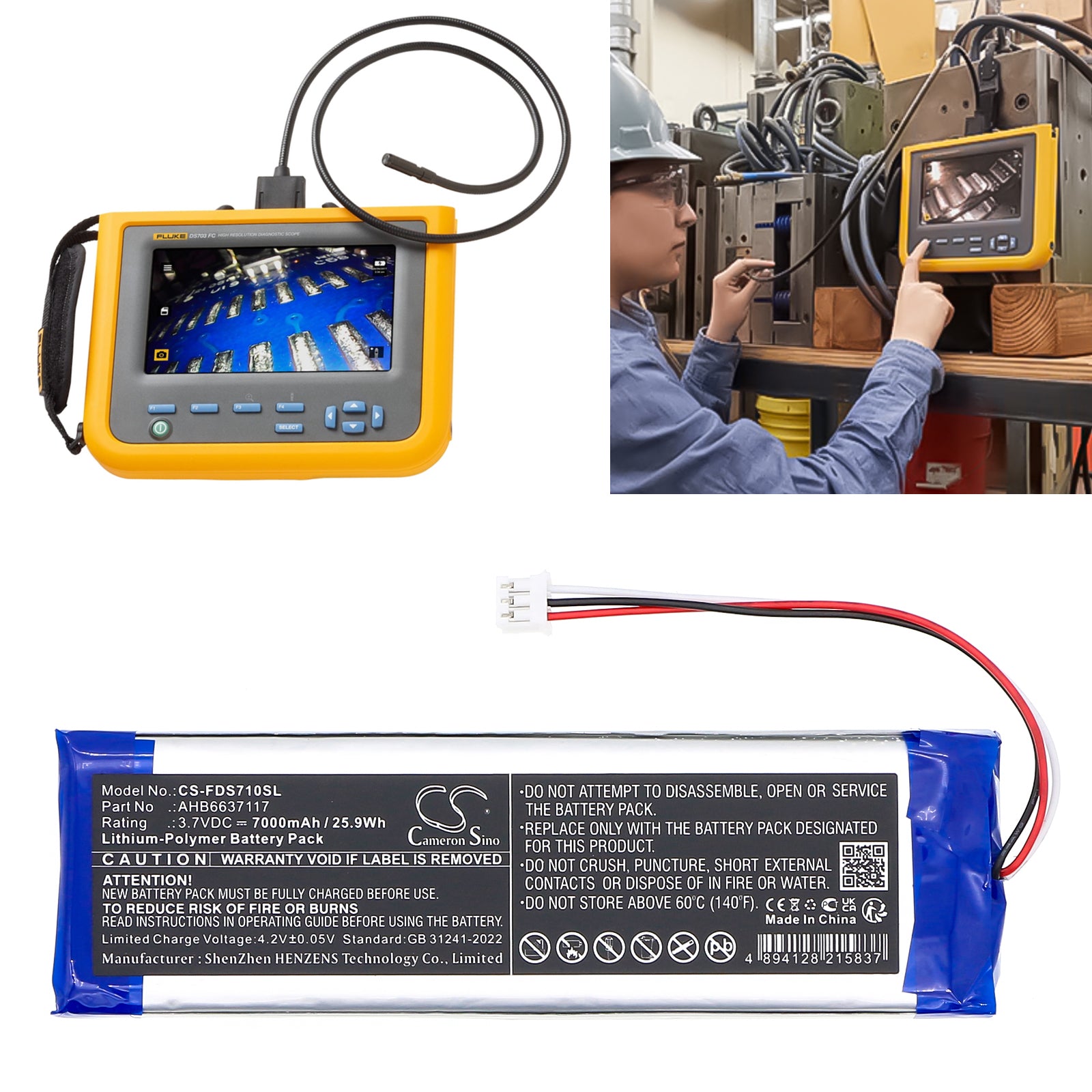 3.7V, Li-Polymer, 7000mAh, Battery fits Fluke DS701 Diagnostic Videoscope, DS703 Diagnostic Videoscope, 25.9Wh Equipment, Survey, Test Cameron Sino Technology Limited