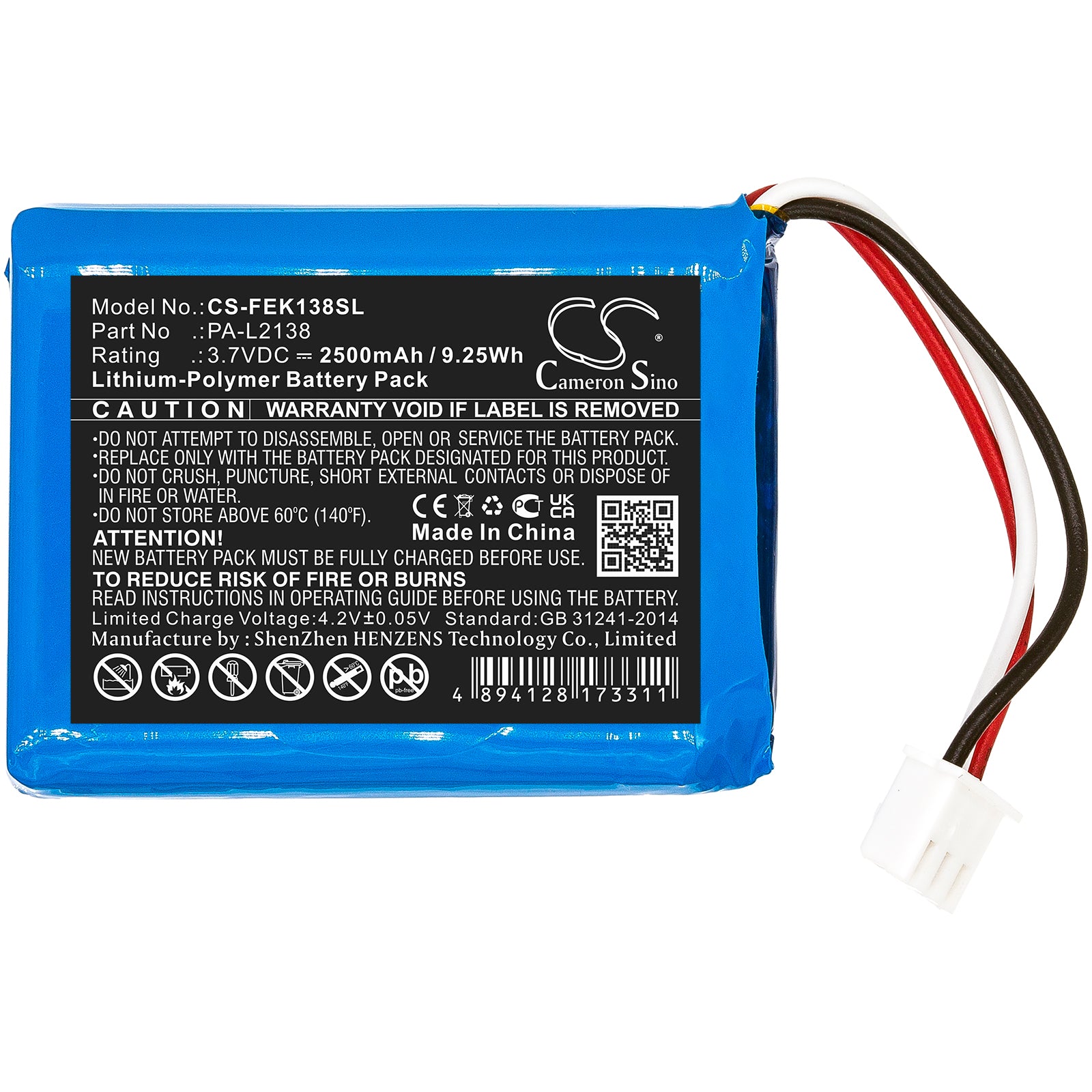 Li-Polymer, Battery Pack Battery fits Fey Elektronik Pa-l2138, 3.7V, 2500mAh Battery Pack Cameron Sino Technology Limited