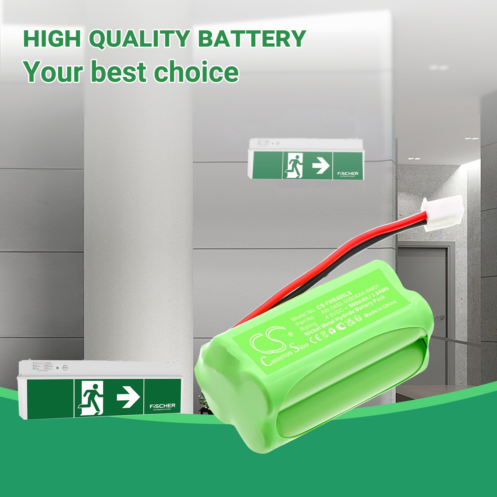4.8V, Ni-MH, 800mAh, Battery fits Fischer AW-0480-0080AAA-NM01, 3.84Wh Emergency Lighting Cameron Sino Technology Limited