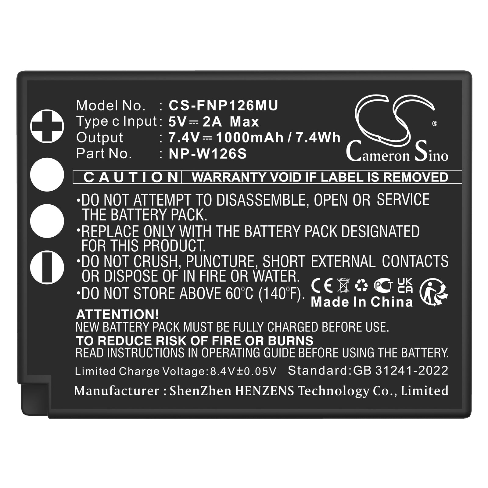 7.4V, Li-ion, 1000mAh, Battery fits Fujifilm FinePix HS30EXR, FinePix HS33EXR, 7.4Wh Camera Cameron Sino Technology Limited