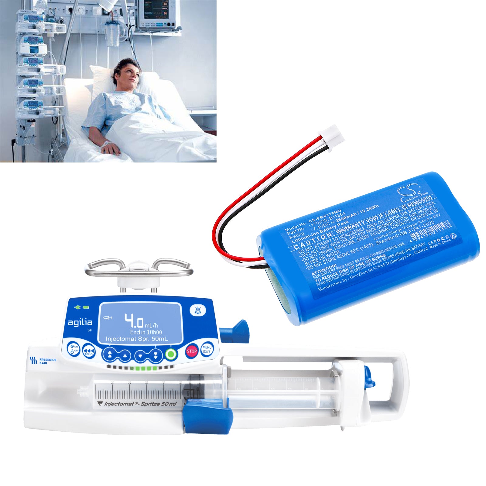 7.4V, Li-ion, 2600mAh, Battery fits Fresenius Agilia 4+, Agilia 6+, 19.24Wh Medical Cameron Sino Technology Limited