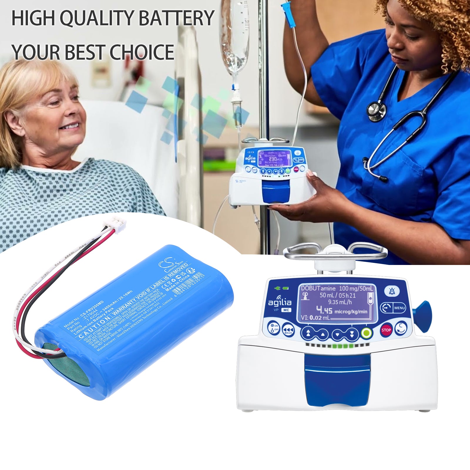 7.4V, Li-ion, 3400mAh, Battery fits Fresenius infusion pump Volumat Agilia VP Version V2, 25.16Wh Medical Cameron Sino Technology Limited