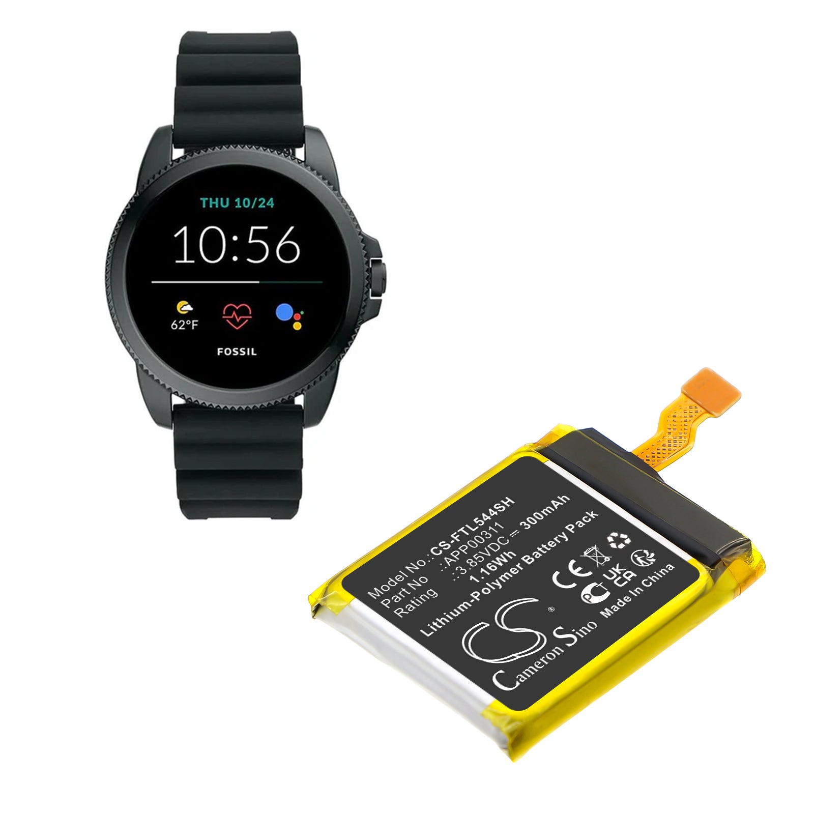 3.85V, Li-Polymer, 300mAh, Battery fits Fossil DW11F, Gen 5E 44mm, 1.16Wh Smartwatch Cameron Sino Technology Limited