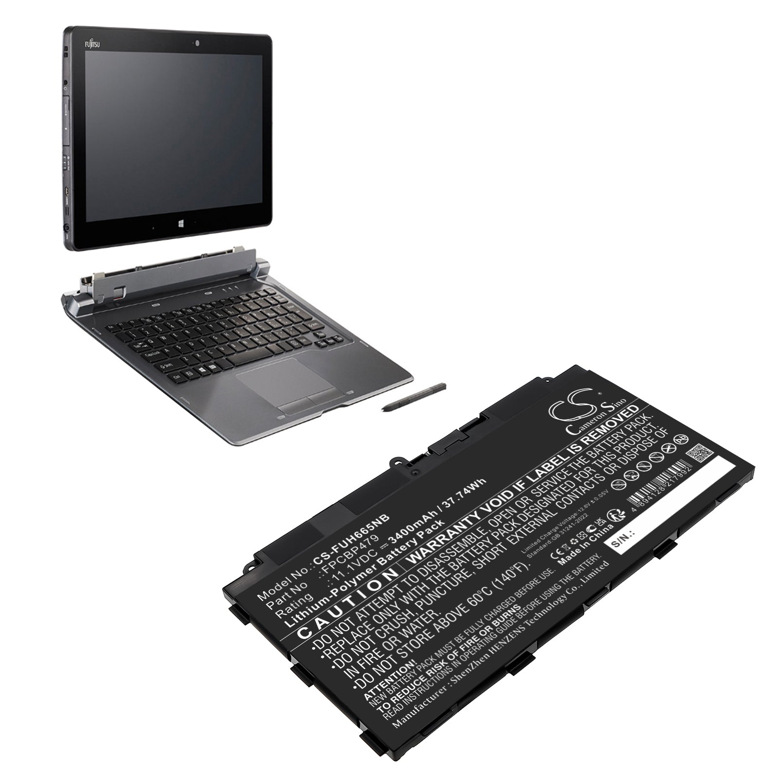 11.1V, Li-Polymer, 3400mAh, Battery fits Fujitsu Stylistic Q616, Stylistic Q665, 37.74Wh Notebook, Laptop Cameron Sino Technology Limited