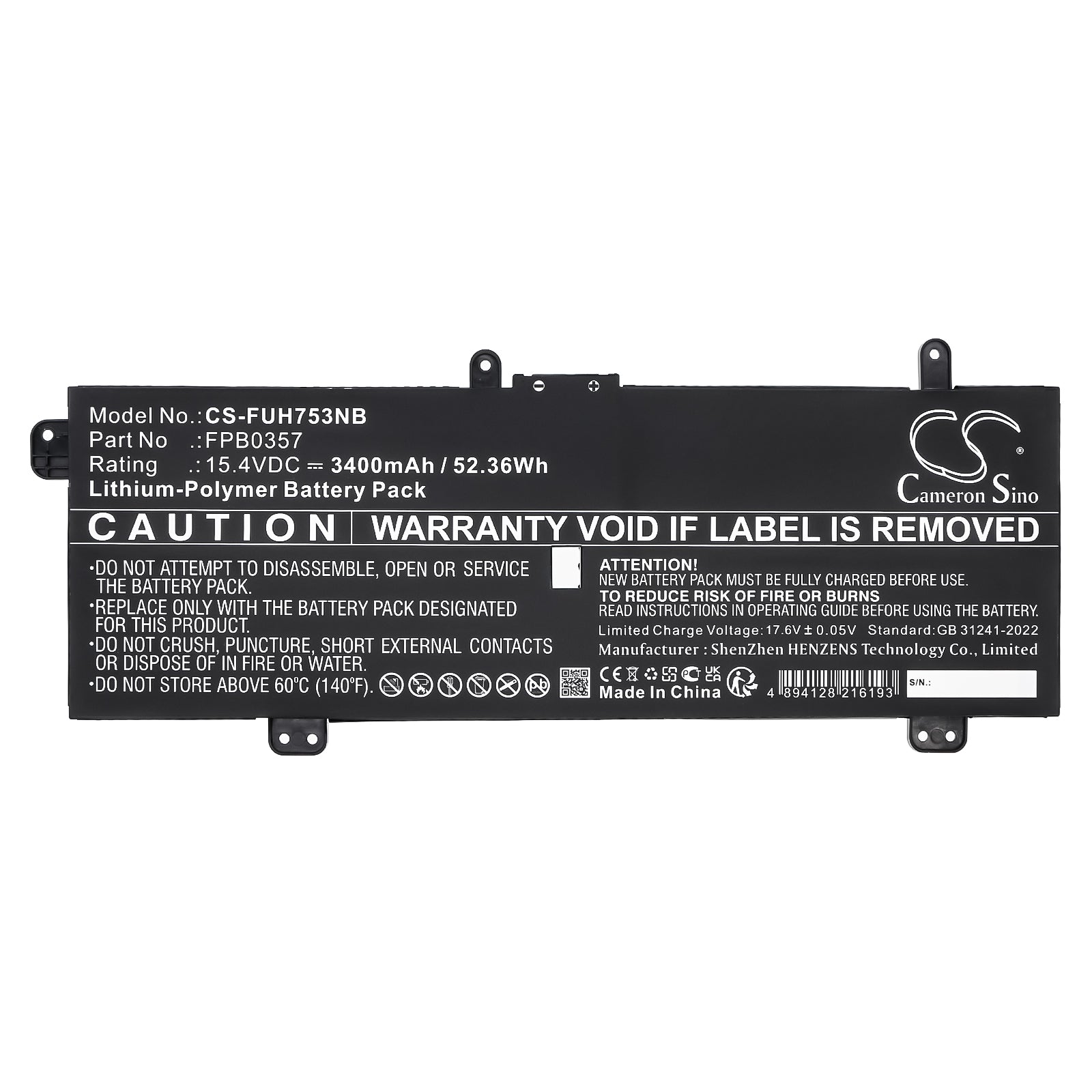 15.4V, Li-Polymer, 3400mAh, Battery fits Fujitsu LifeBook CH75/E3, LifeBook CH90/E3, 52.36Wh Tablet Cameron Sino Technology Limited