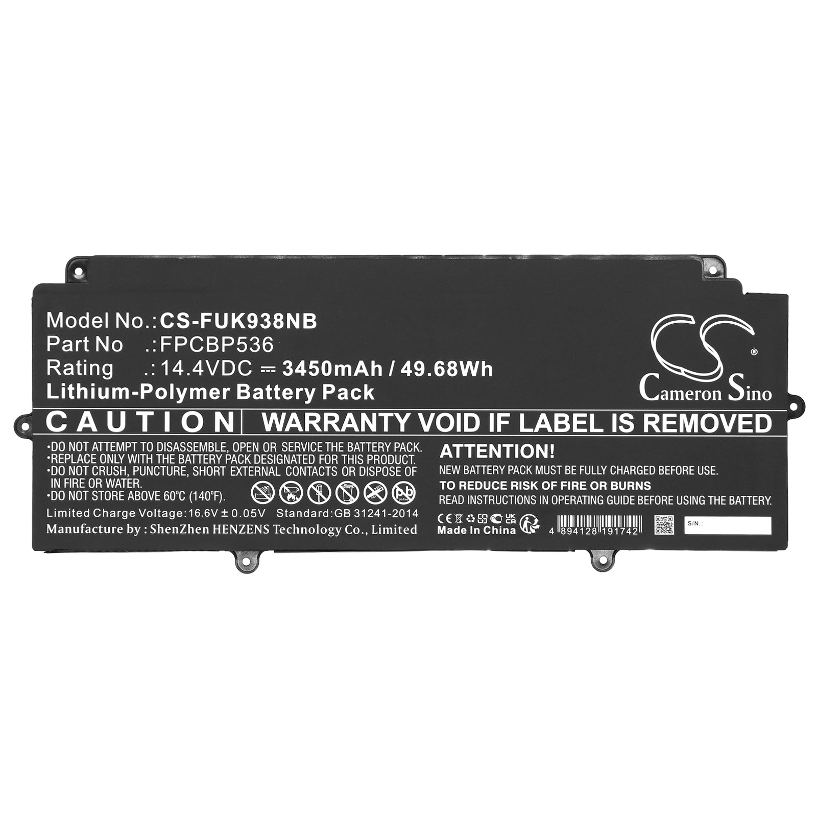 Li-Polymer, Notebook, Laptop Battery fits Fujitsu Lifebook U9310x Vfy Fjintu9310, Lifebook U9310x Vfy Fjintu9310, 14.4V, 3450mAh Notebook, Laptop Cameron Sino Technology Limited