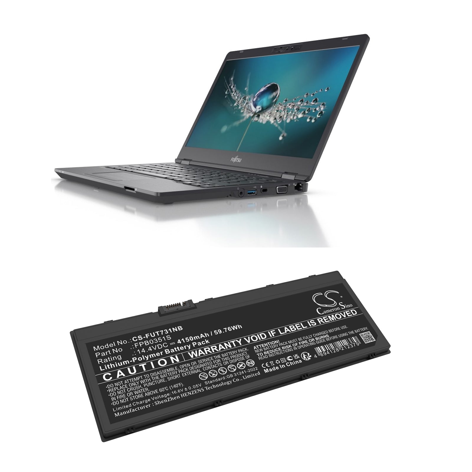 14.4V, Li-Polymer, 4150mAh, Battery fits Fujitsu LIFEBOOK U7311, LifeBook U7310, 59.76Wh Notebook, Laptop Cameron Sino Technology Limited