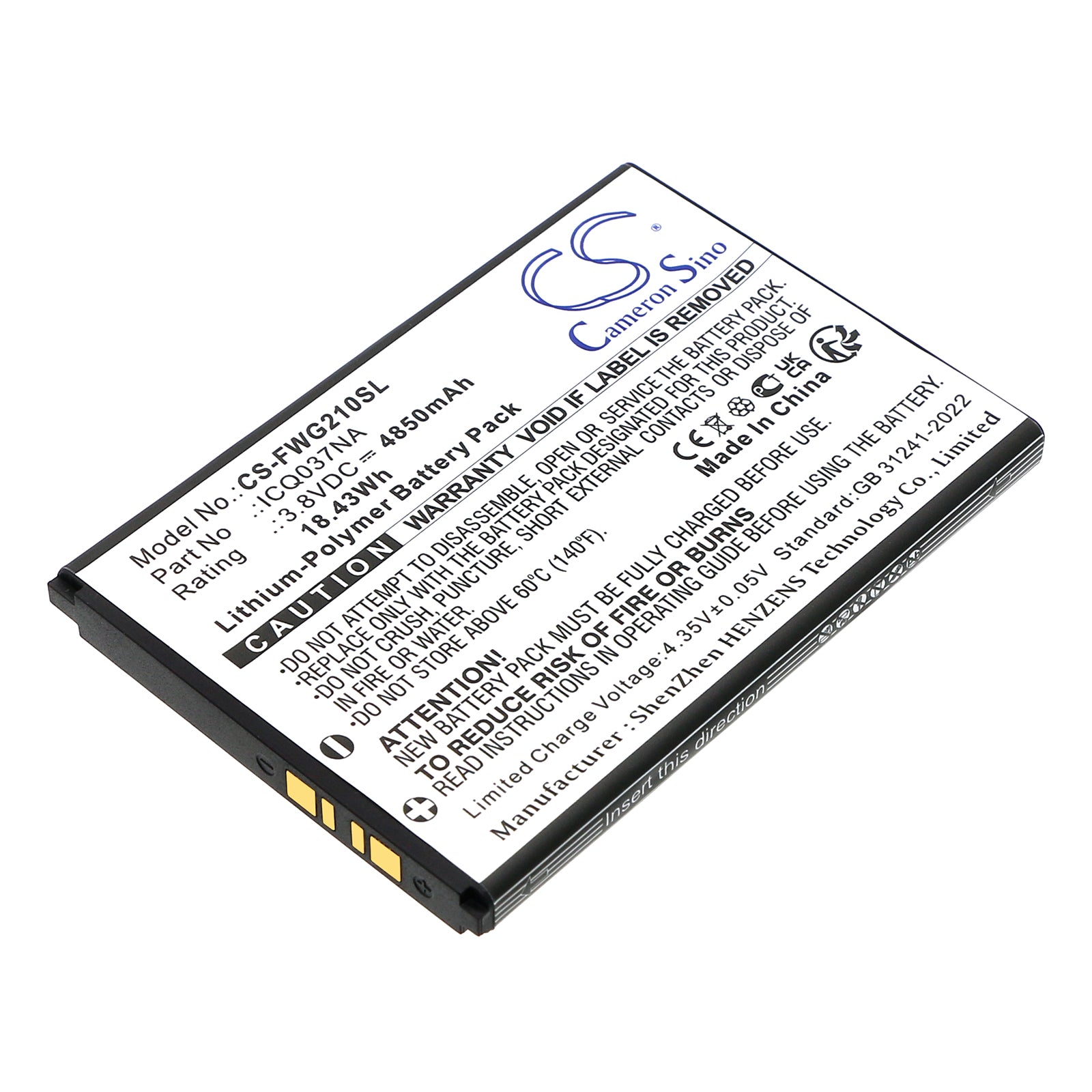 3.8V, Li-Polymer, 4850mAh, Battery fits Franklin A50, JEXtream, 18.43Wh Hotspot Cameron Sino Technology Limited