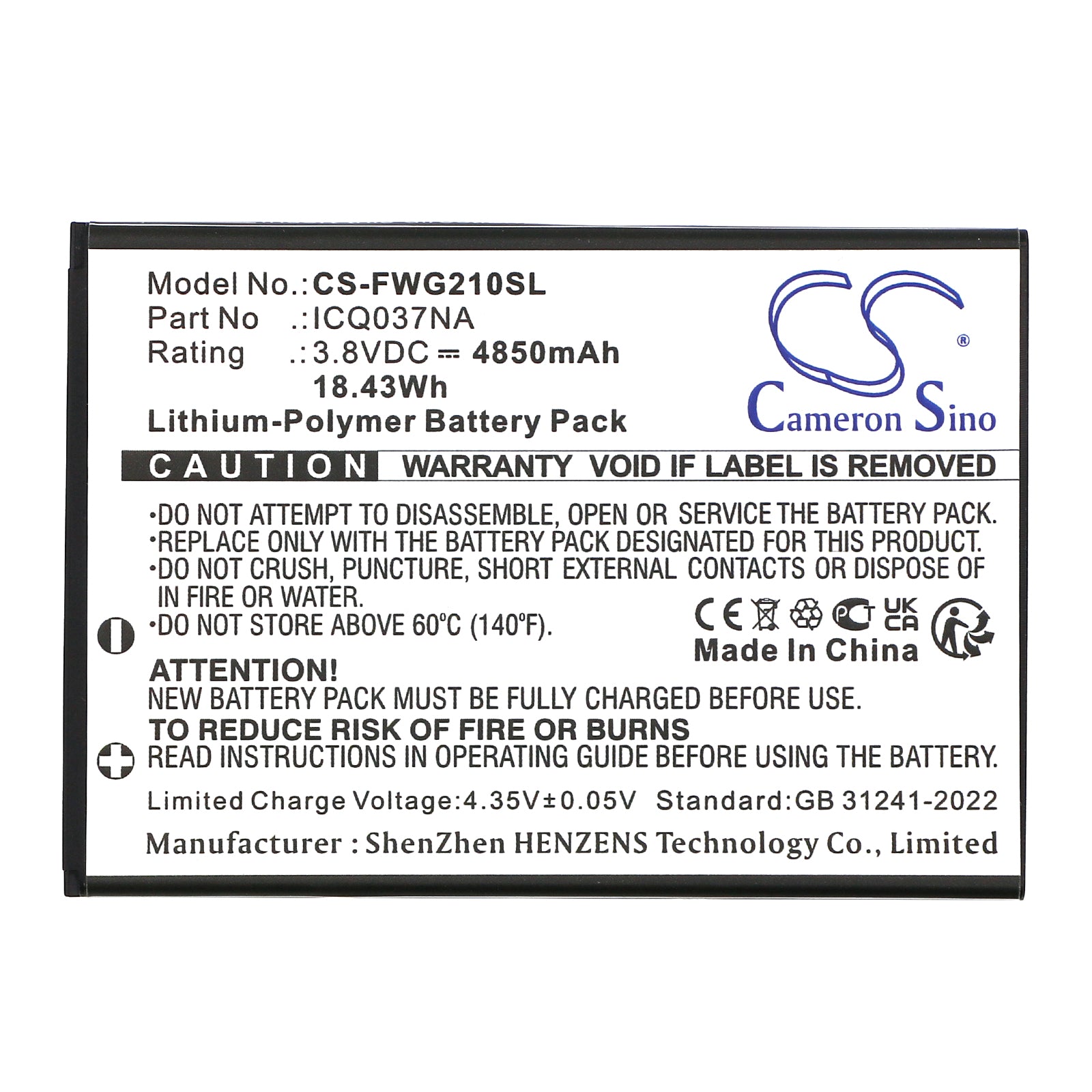 3.8V, Li-Polymer, 4850mAh, Battery fits Franklin A50, JEXtream, 18.43Wh Hotspot Cameron Sino Technology Limited