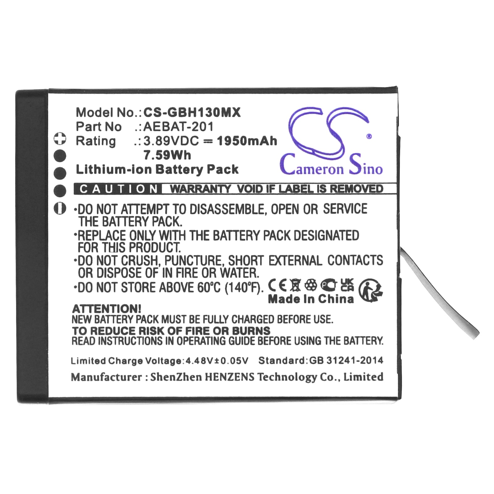 Li-ion, Camera Battery fits Gopro Hero 13, 3.89V, 1950mAh Camera Cameron Sino Technology Limited