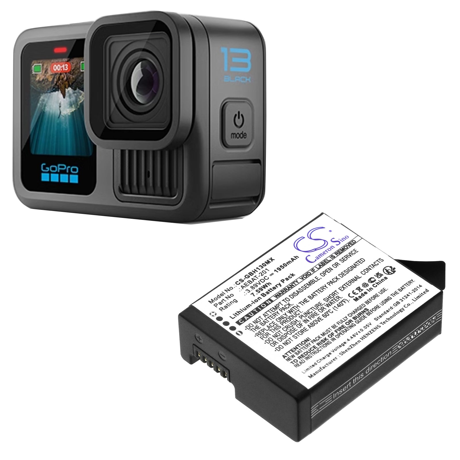 Li-ion, Camera Battery fits Gopro Hero 13, 3.89V, 1950mAh Camera Cameron Sino Technology Limited