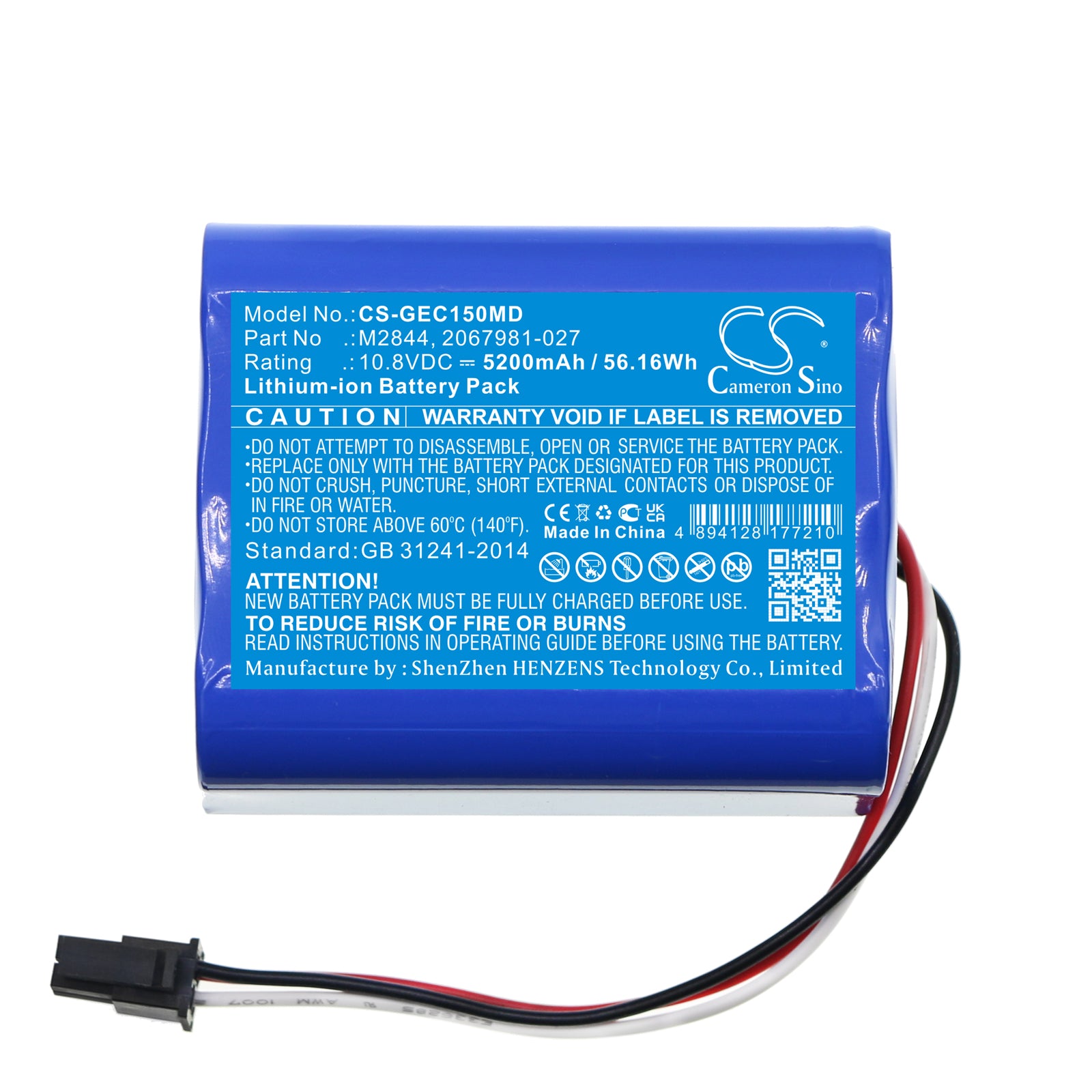 Li-ion, Medical Battery fits Ge Carescape Vc150 Vital Sign Mon, Moniteur Carescape Dinamap Vc1, 10.8V, 5200mAh Medical Cameron Sino Technology Limited