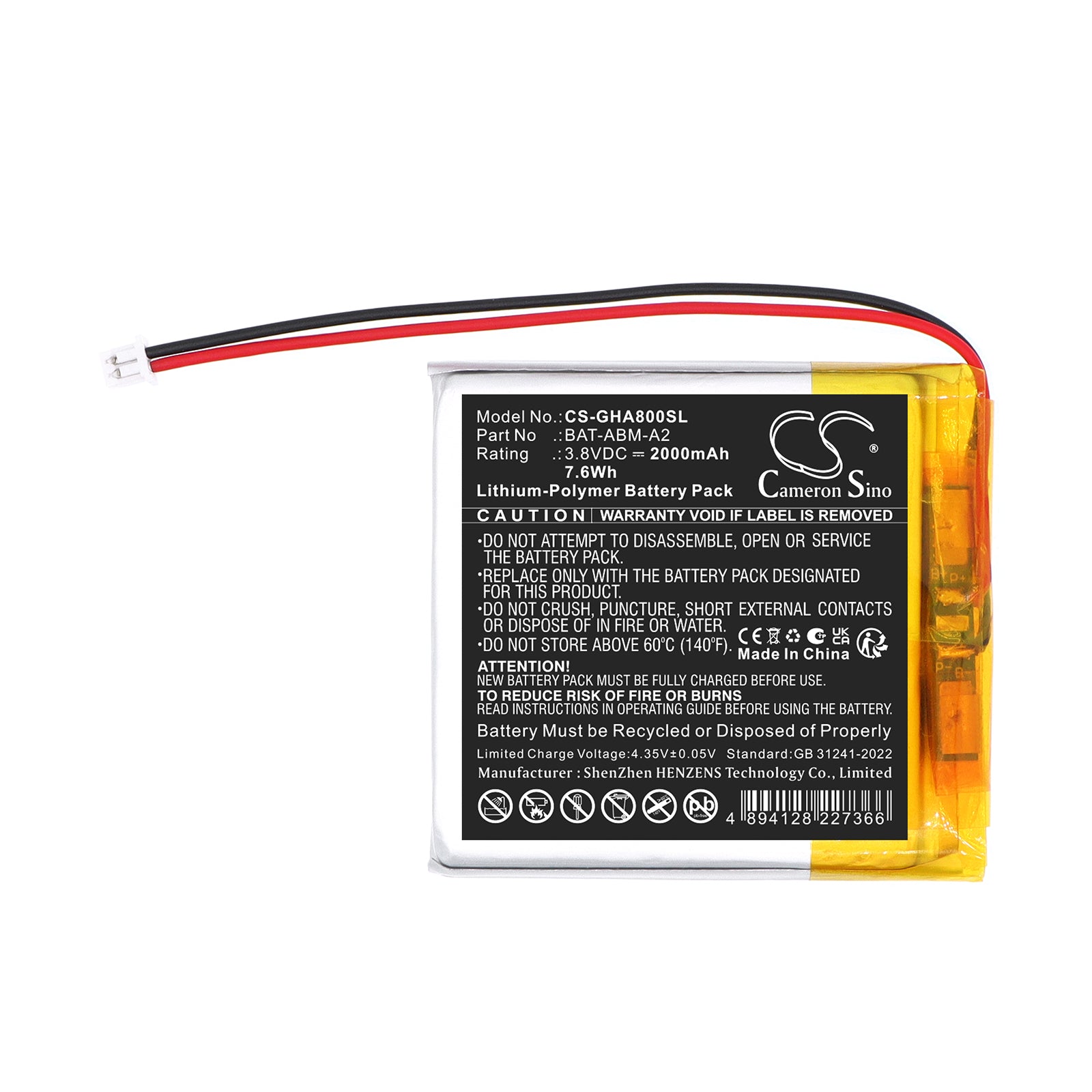3.8V, Li-Polymer, 2000mAh, Battery fits GHB ABM800, 7.6Wh BabyPhone Cameron Sino Technology Limited
