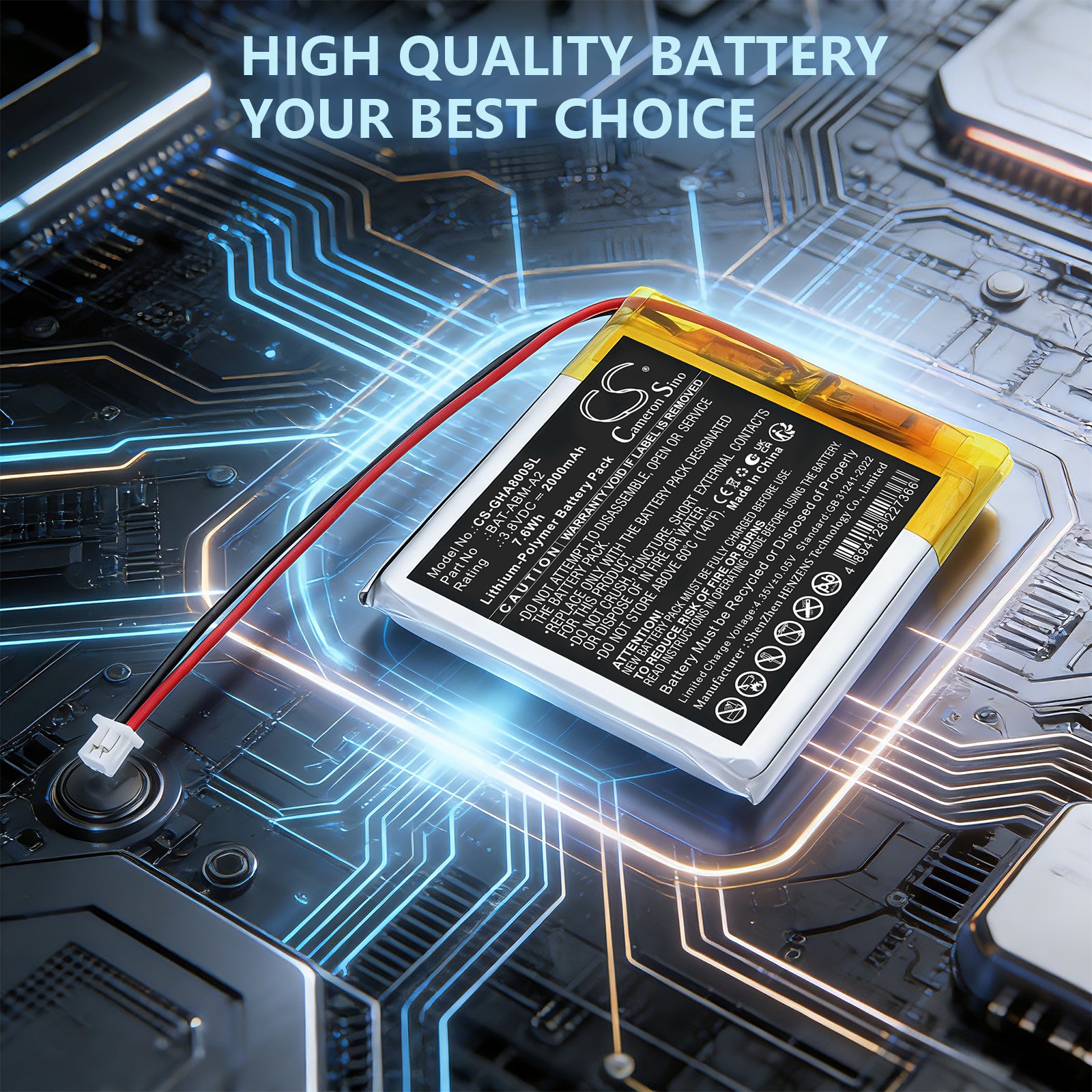 3.8V, Li-Polymer, 2000mAh, Battery fits GHB ABM800, 7.6Wh BabyPhone Cameron Sino Technology Limited