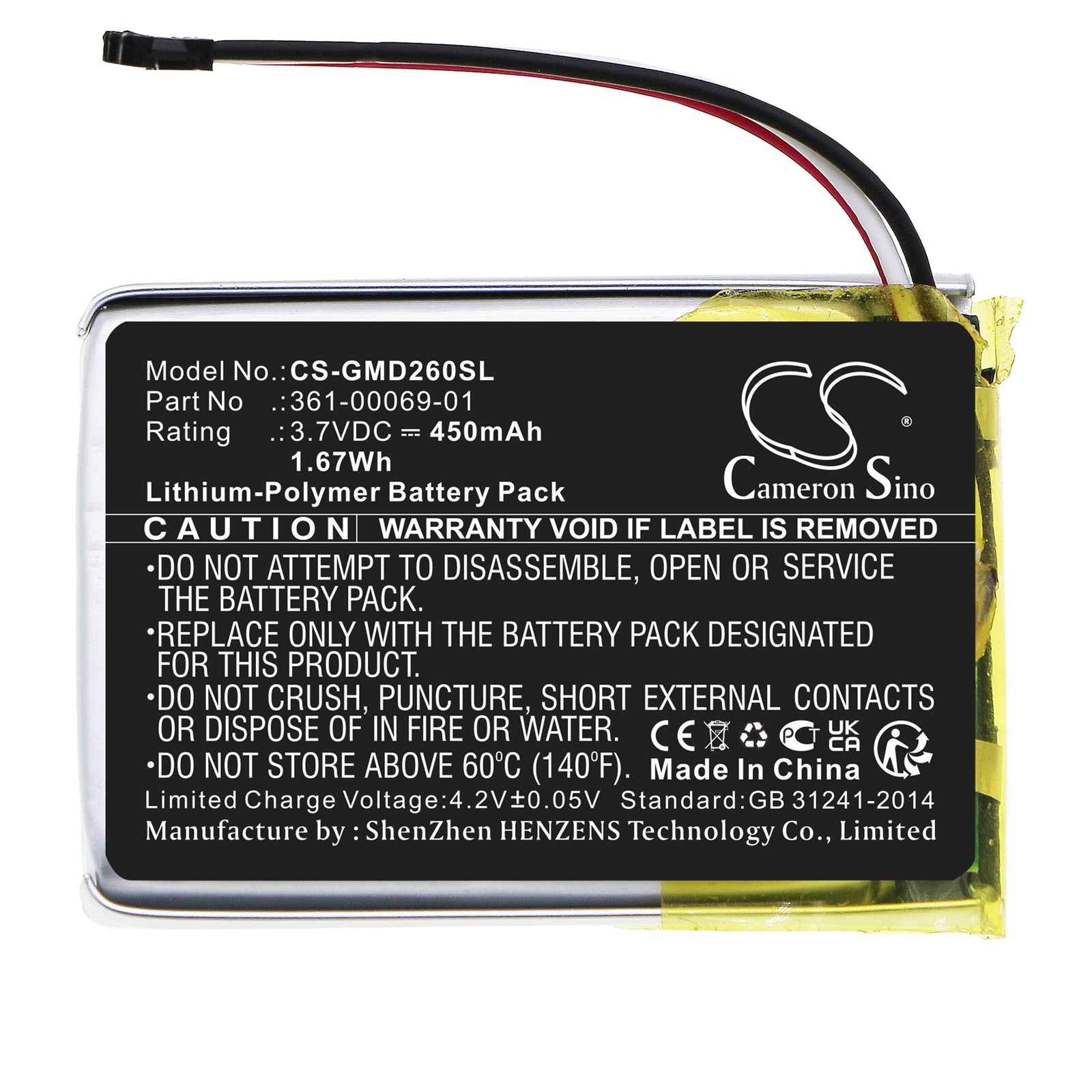 Li-Polymer, Dog Collar Battery fits Garmin 010-02608-10, Delta Se Dog Training Collar R, 3.7V, 450mAh Dog Collar Cameron Sino Technology Limited