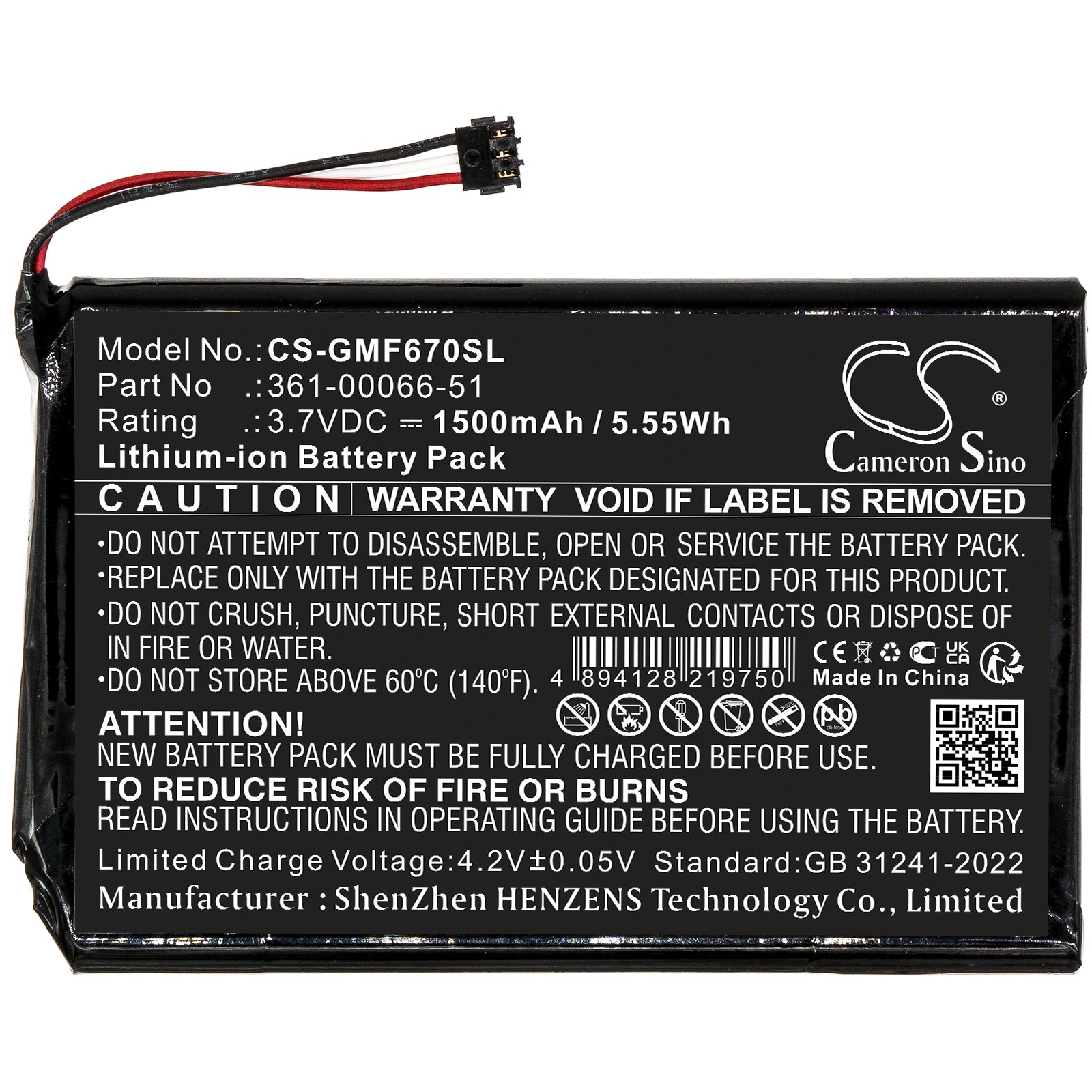 3.7V, Li-ion, 1500mAh, Battery fits Garmin Fleet 670 LM TRUCK, 5.55Wh GPS, Navigator Cameron Sino Technology Limited