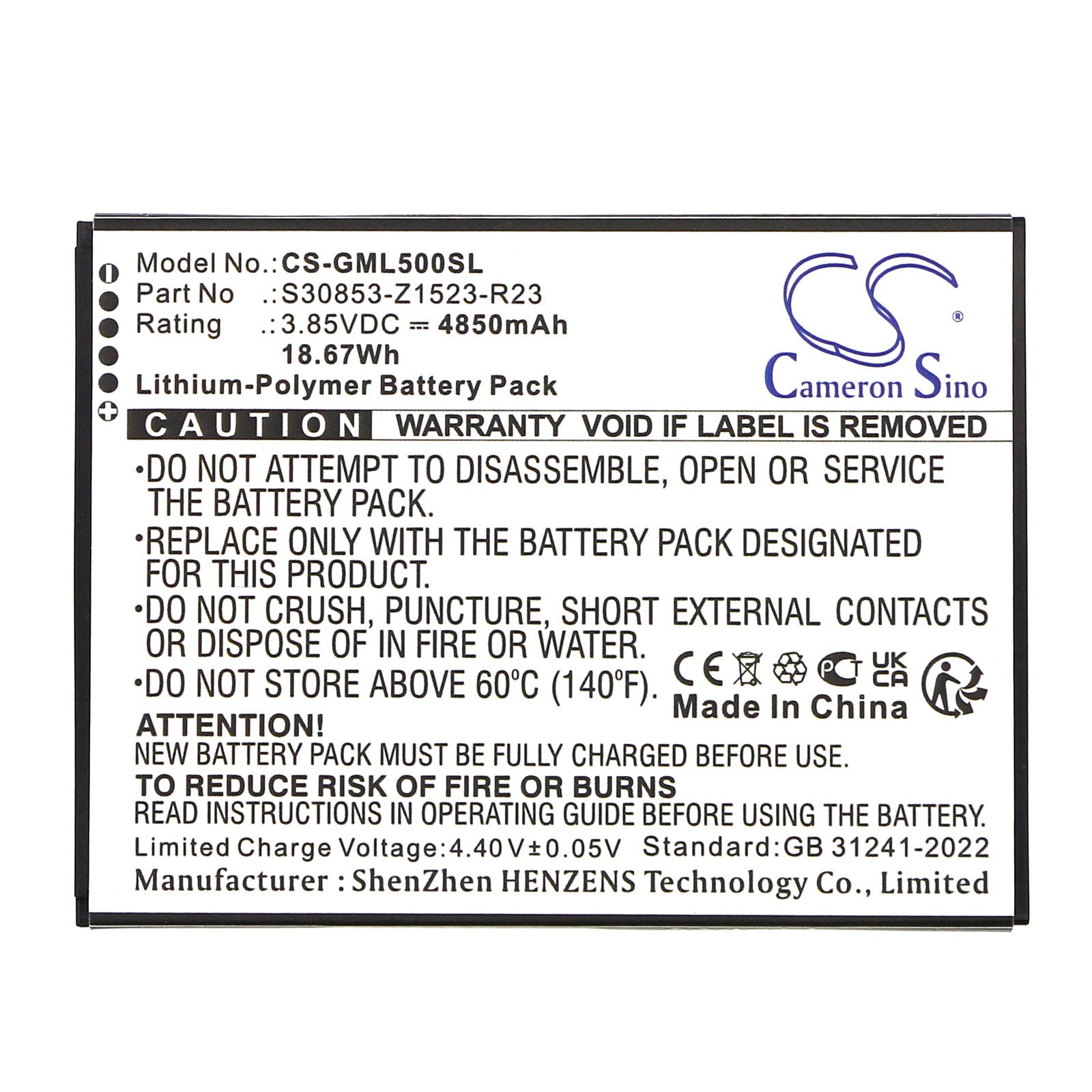 3.85V, Li-Polymer, 4850mAh, Battery fits Gigaset GS5, GS5 Lite, 18.67Wh Mobile, SmartPhone Cameron Sino Technology Limited