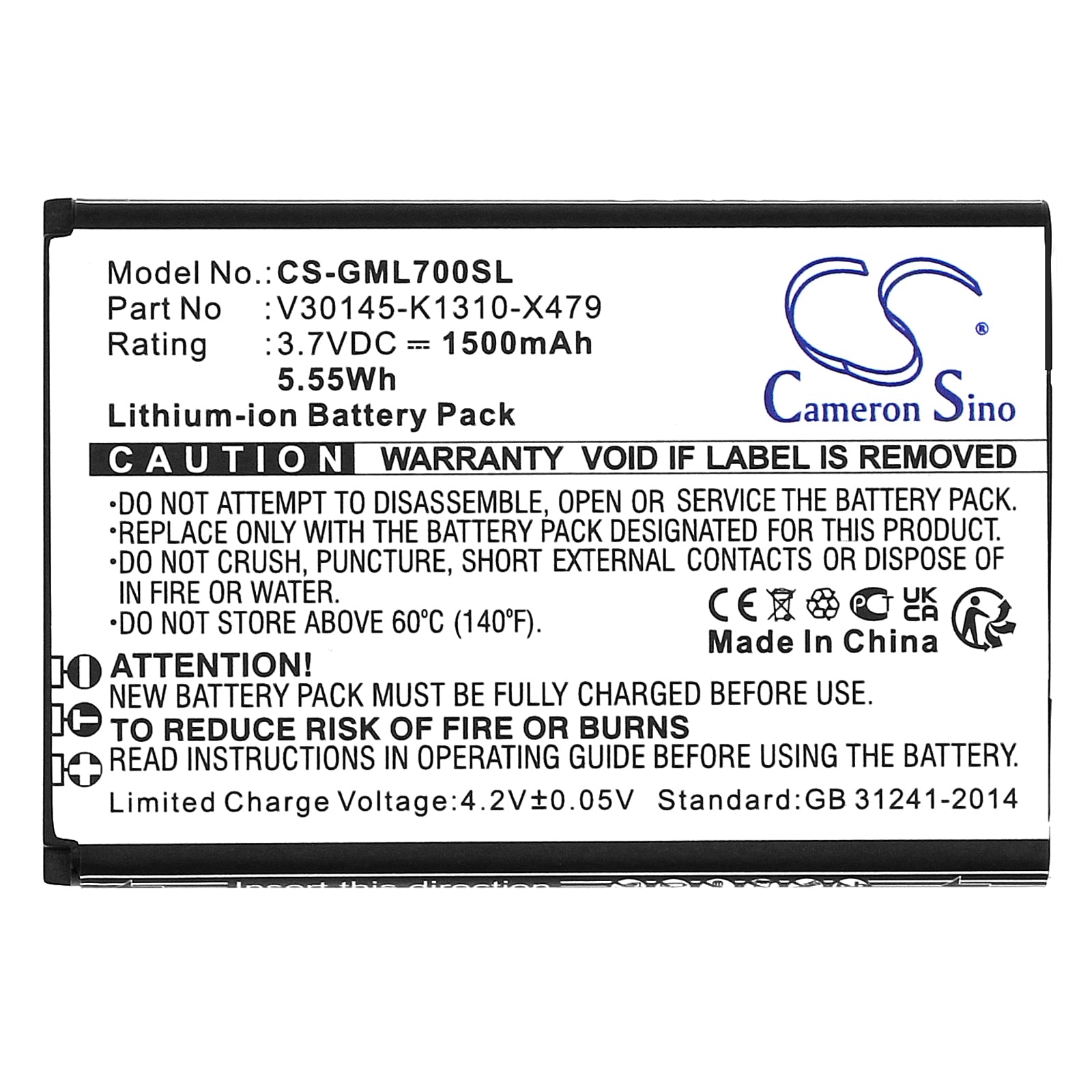 Li-ion, Mobile, SmartPhone Battery fits Gigaset Gl7, 3.7V, 1500mAh Mobile, SmartPhone Cameron Sino Technology Limited
