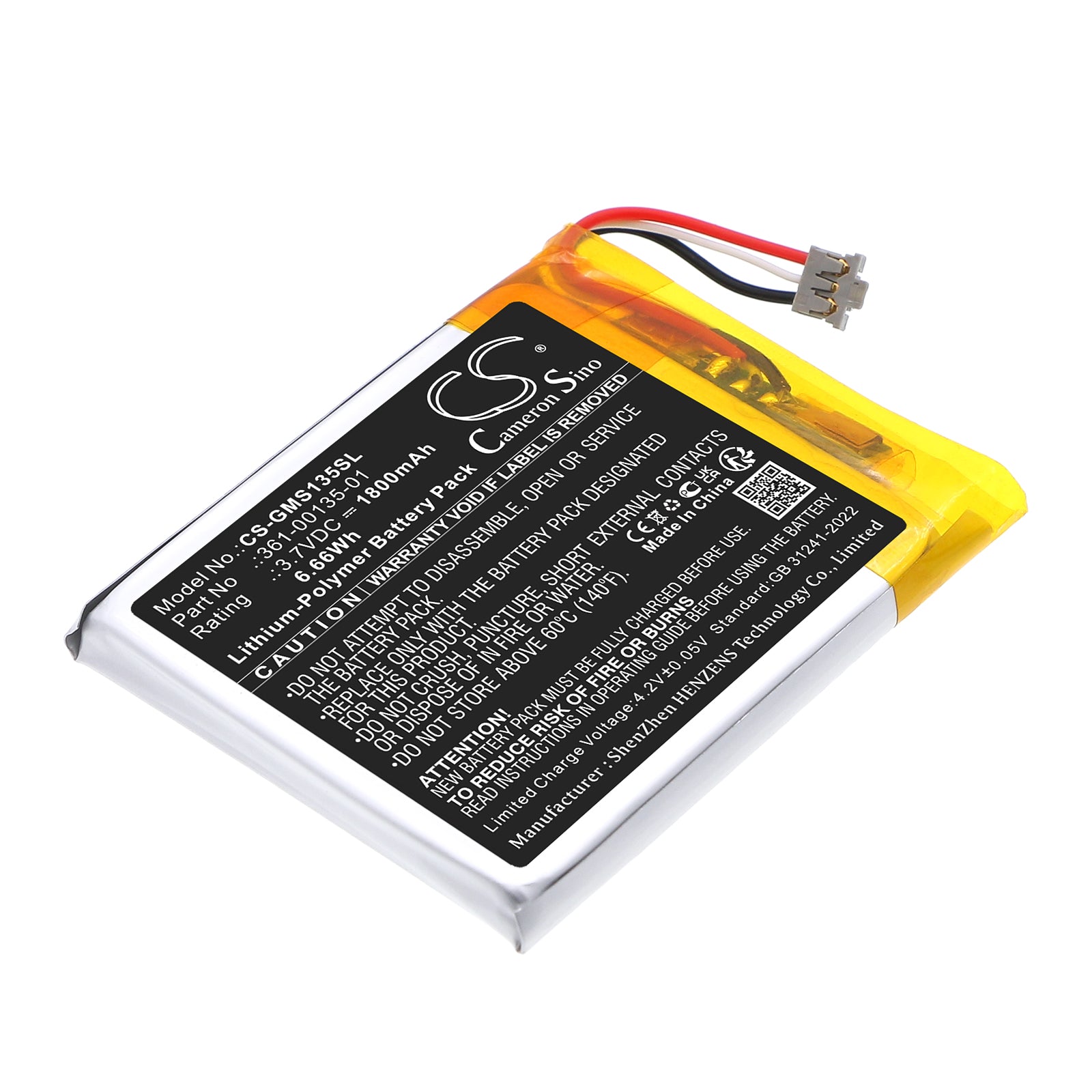 3.7V, Li-Polymer, 1800mAh, Battery fits Garmin EDGE 1040, inReach Messenger, 6.66Wh GPS, Navigator Cameron Sino Technology Limited
