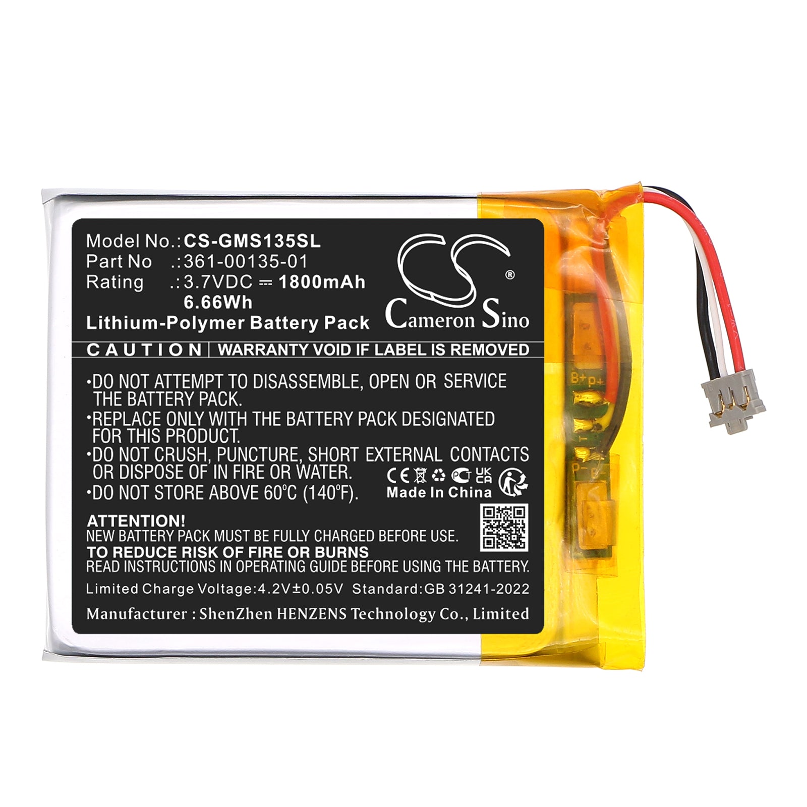 3.7V, Li-Polymer, 1800mAh, Battery fits Garmin EDGE 1040, inReach Messenger, 6.66Wh GPS, Navigator Cameron Sino Technology Limited