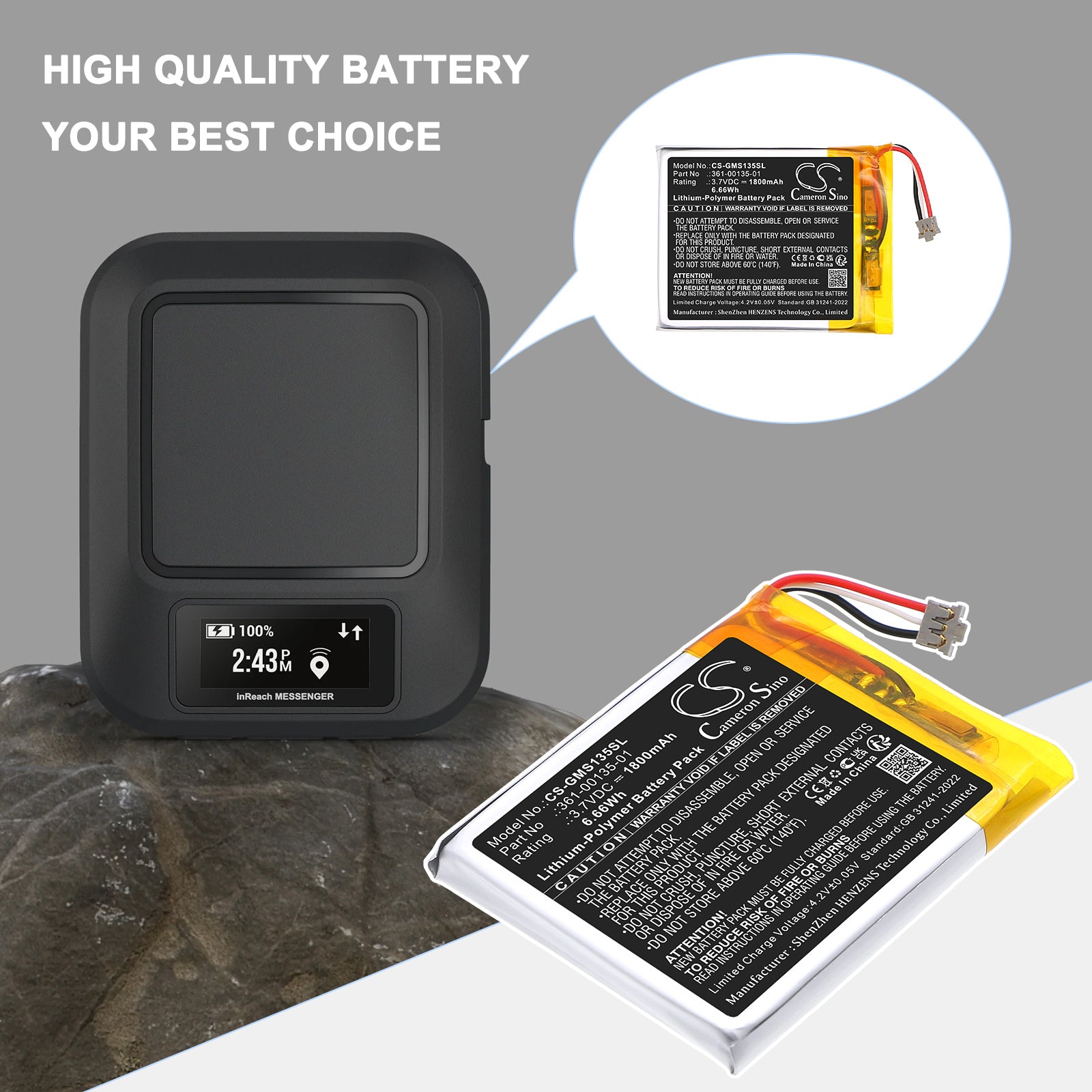 3.7V, Li-Polymer, 1800mAh, Battery fits Garmin EDGE 1040, inReach Messenger, 6.66Wh GPS, Navigator Cameron Sino Technology Limited