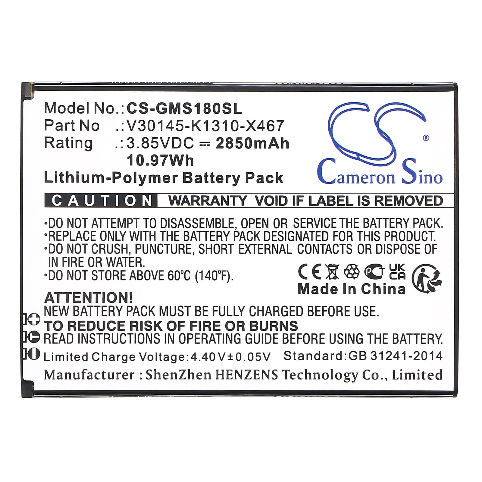 Li-Polymer, Mobile, SmartPhone Battery fits Gigaset Gs180, 3.85V, 2850mAh Mobile, SmartPhone Cameron Sino Technology Limited