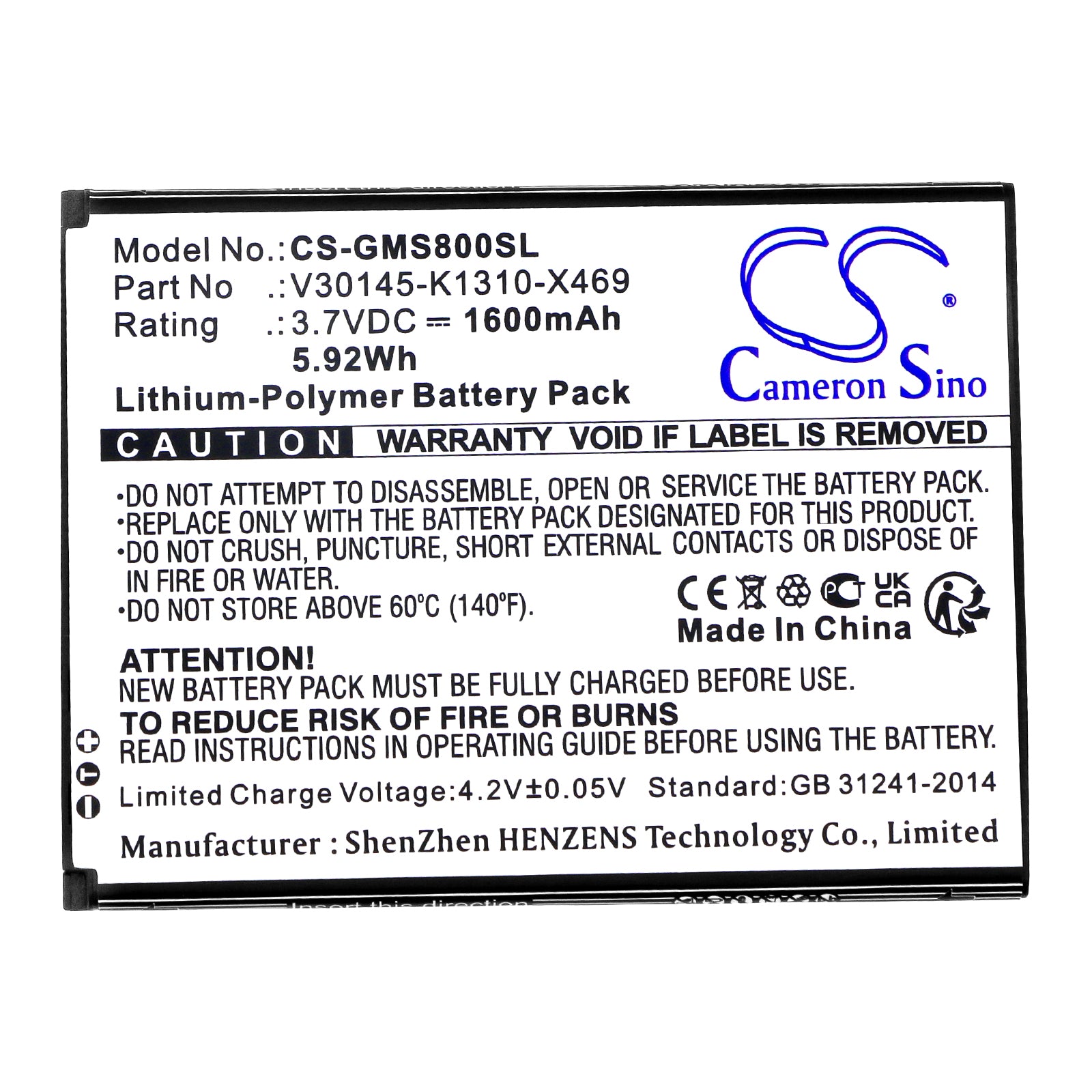 Li-Polymer, Mobile, SmartPhone Battery fits Gigaset Gs80, 3.7V, 1600mAh Mobile, SmartPhone Cameron Sino Technology Limited