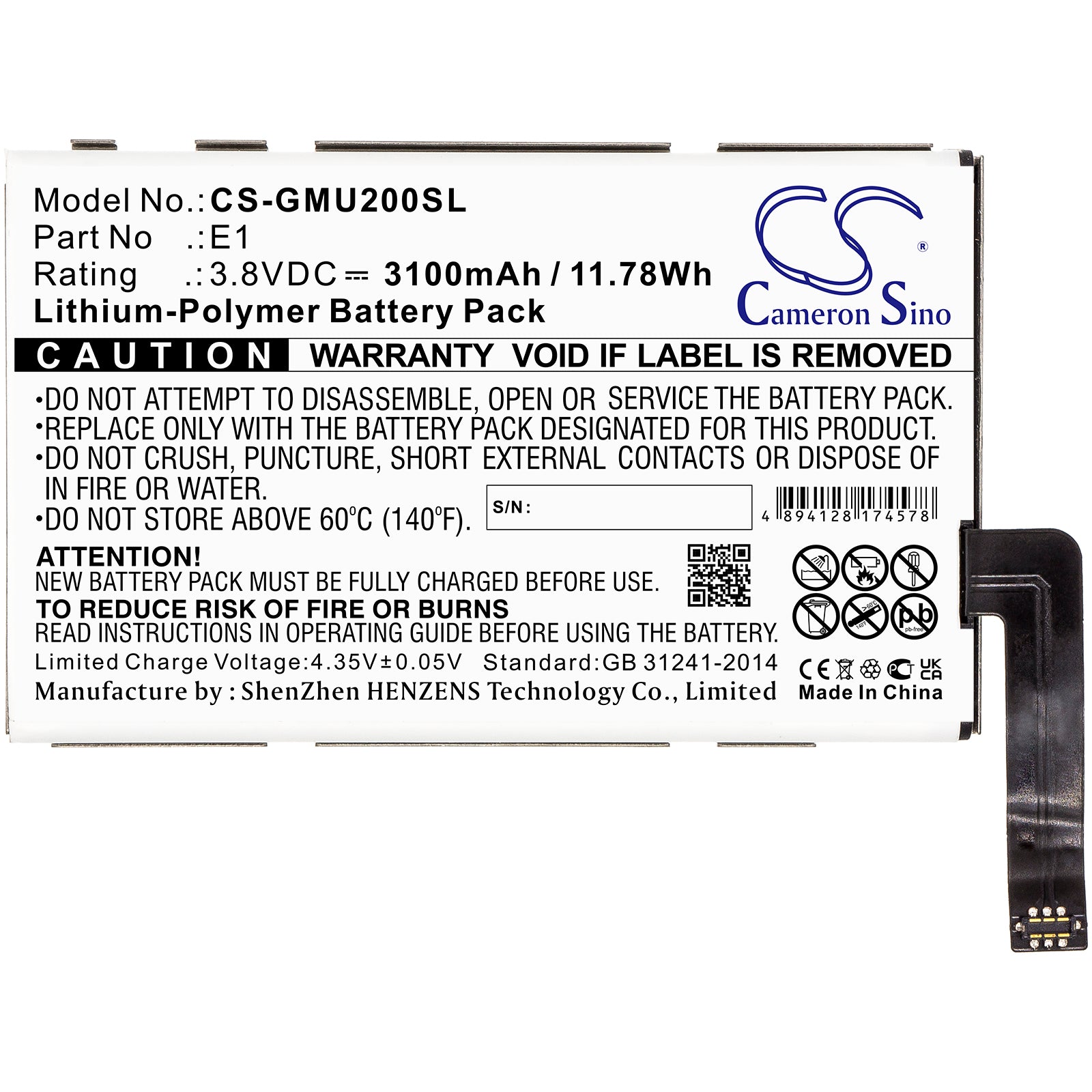 Li-Polymer, Hotspot Battery fits Glocalme E1, Glmu18a02, 3.8V, 3100mAh Hotspot Cameron Sino Technology Limited