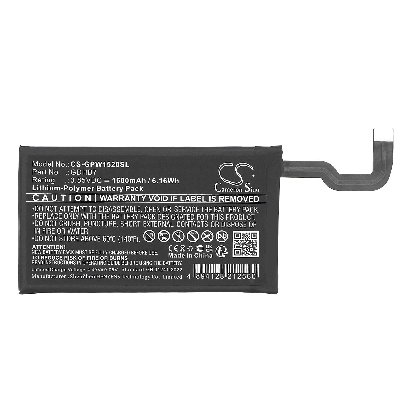 3.85V, Li-Polymer, 1600mAh, Battery fits Google GC15S, GGH2X, 6.16Wh Mobile, SmartPhone Cameron Sino Technology Limited