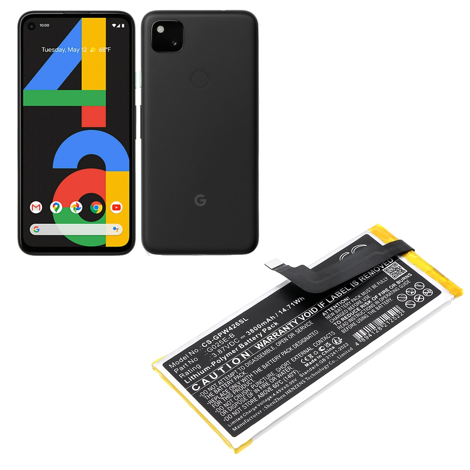 3.87V, Li-Polymer, 3800mAh, Battery fits Google G025E, G025H, 14.71Wh Mobile, SmartPhone Cameron Sino Technology Limited