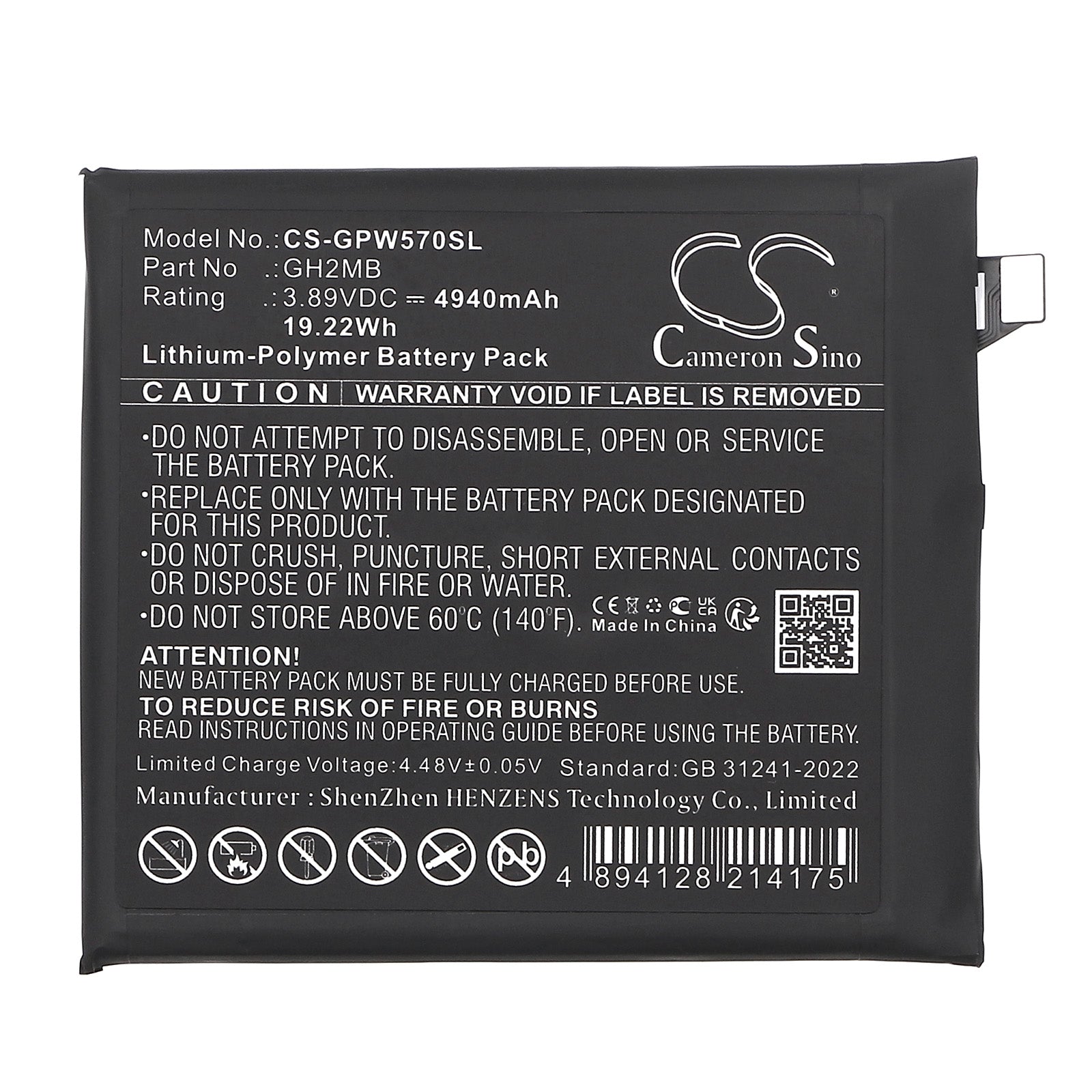 3.89V, Li-Polymer, 4940mAh, Battery fits Google GQ57S, GZC4K, 19.22Wh Mobile, SmartPhone Cameron Sino Technology Limited