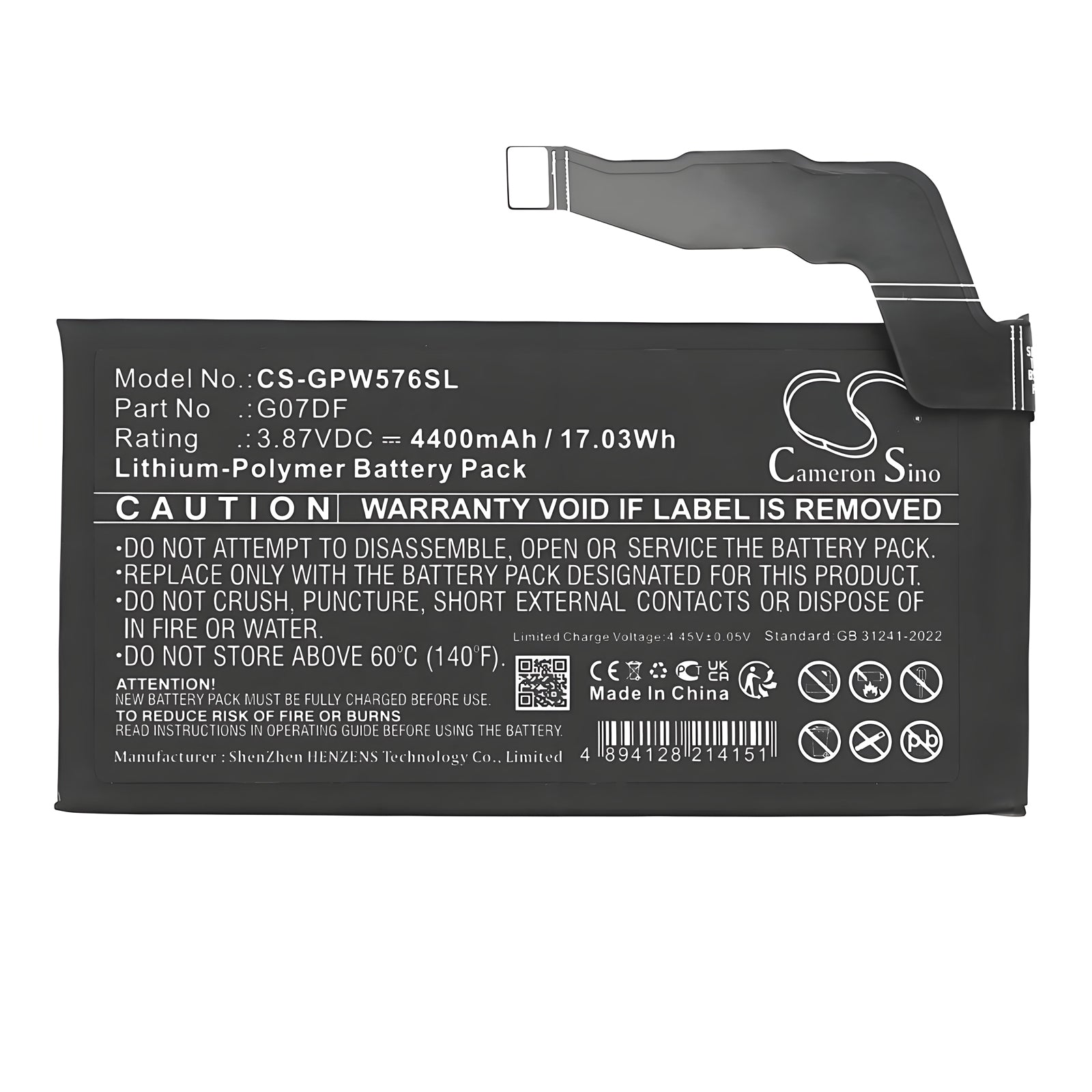 3.87V, Li-Polymer, 4400mAh, Battery fits Google G576D, G6GPR, 17.03Wh Mobile, SmartPhone Cameron Sino Technology Limited