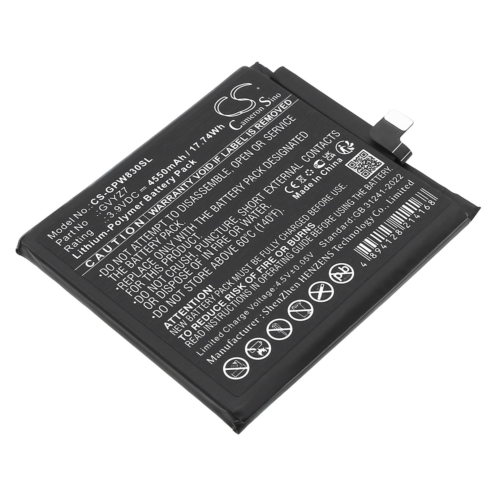 3.9V, Li-Polymer, 4550mAh, Battery fits Google GEC77, GR83Y, 17.75Wh Mobile, SmartPhone Cameron Sino Technology Limited