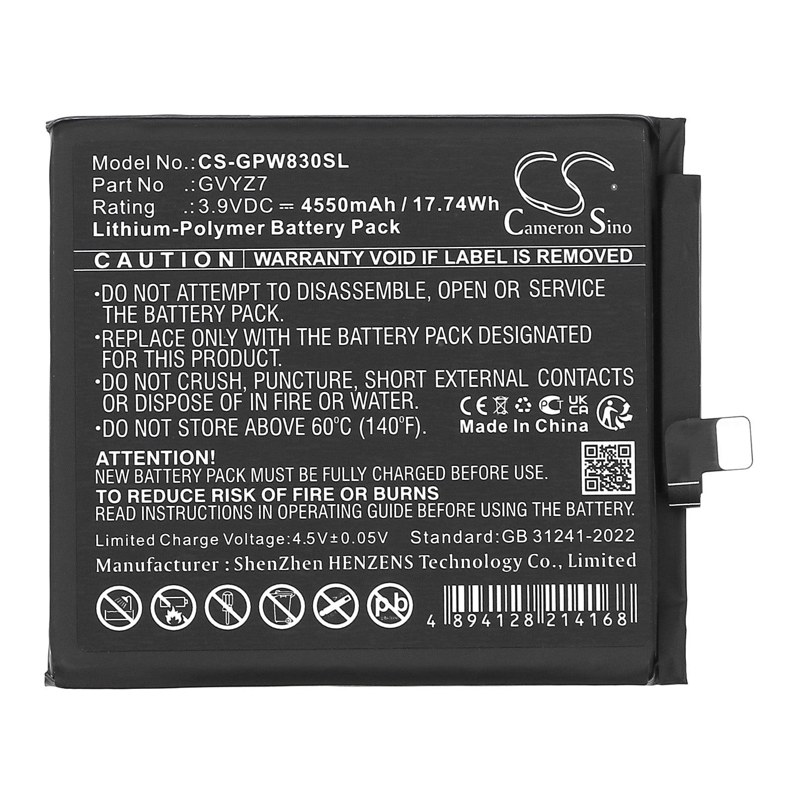 3.9V, Li-Polymer, 4550mAh, Battery fits Google GEC77, GR83Y, 17.75Wh Mobile, SmartPhone Cameron Sino Technology Limited