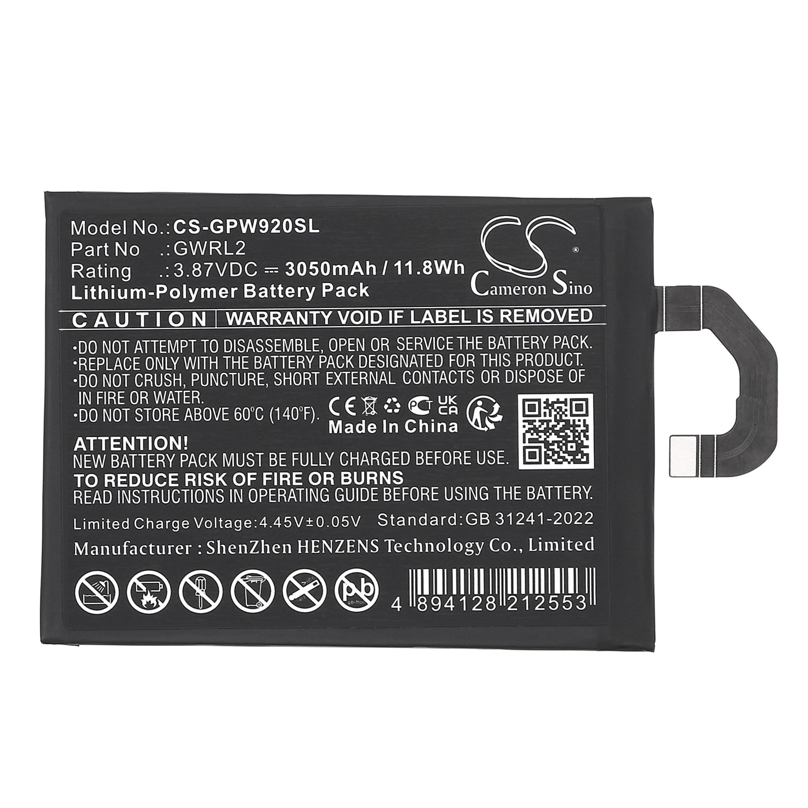 3.87V, Li-Polymer, 3050mAh, Battery fits Google GC15S, GGH2X, 11.8Wh Mobile, SmartPhone Cameron Sino Technology Limited